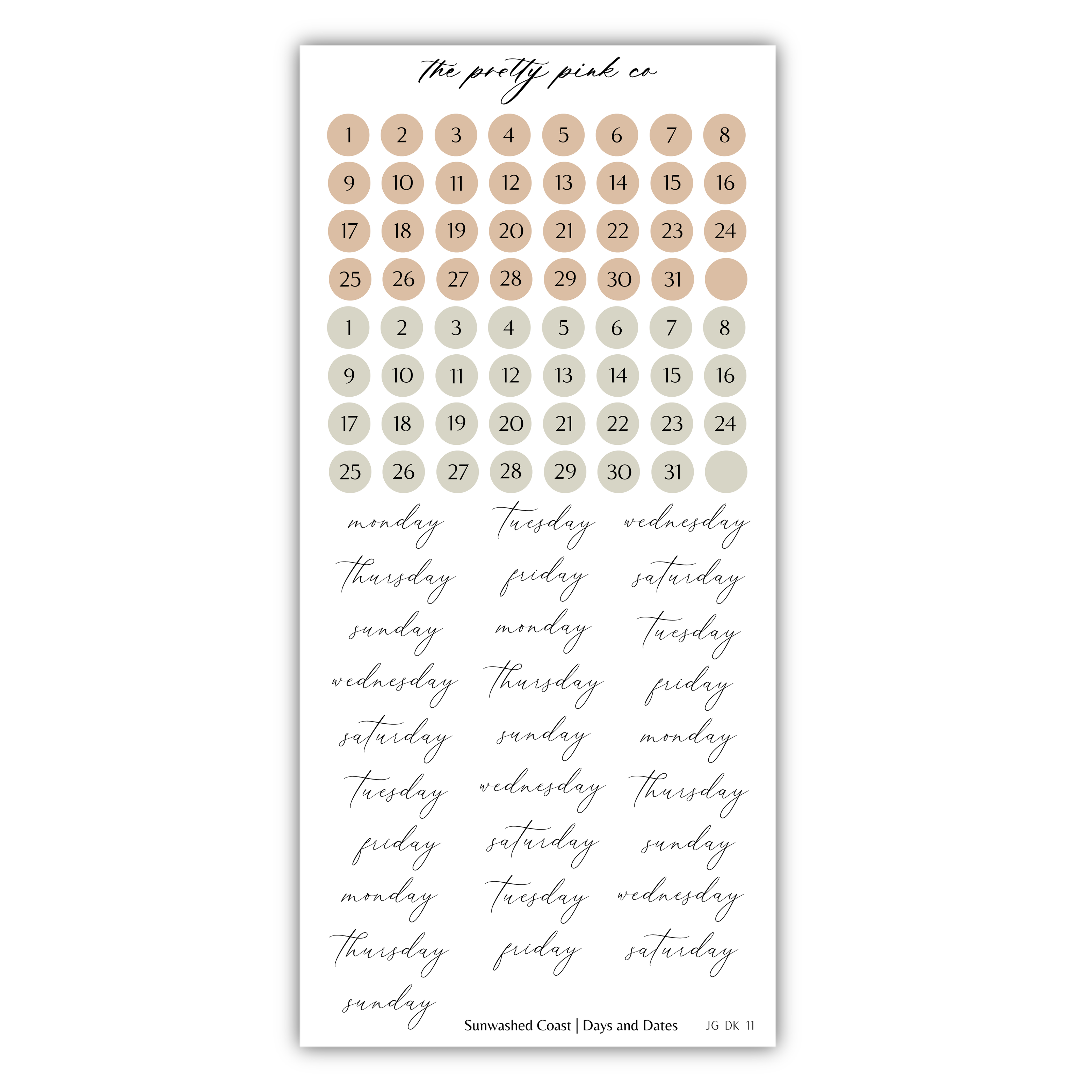 The image is a calendar with a grid of numbers representing days of the week and dates, and a list of days of the week written in cursive.