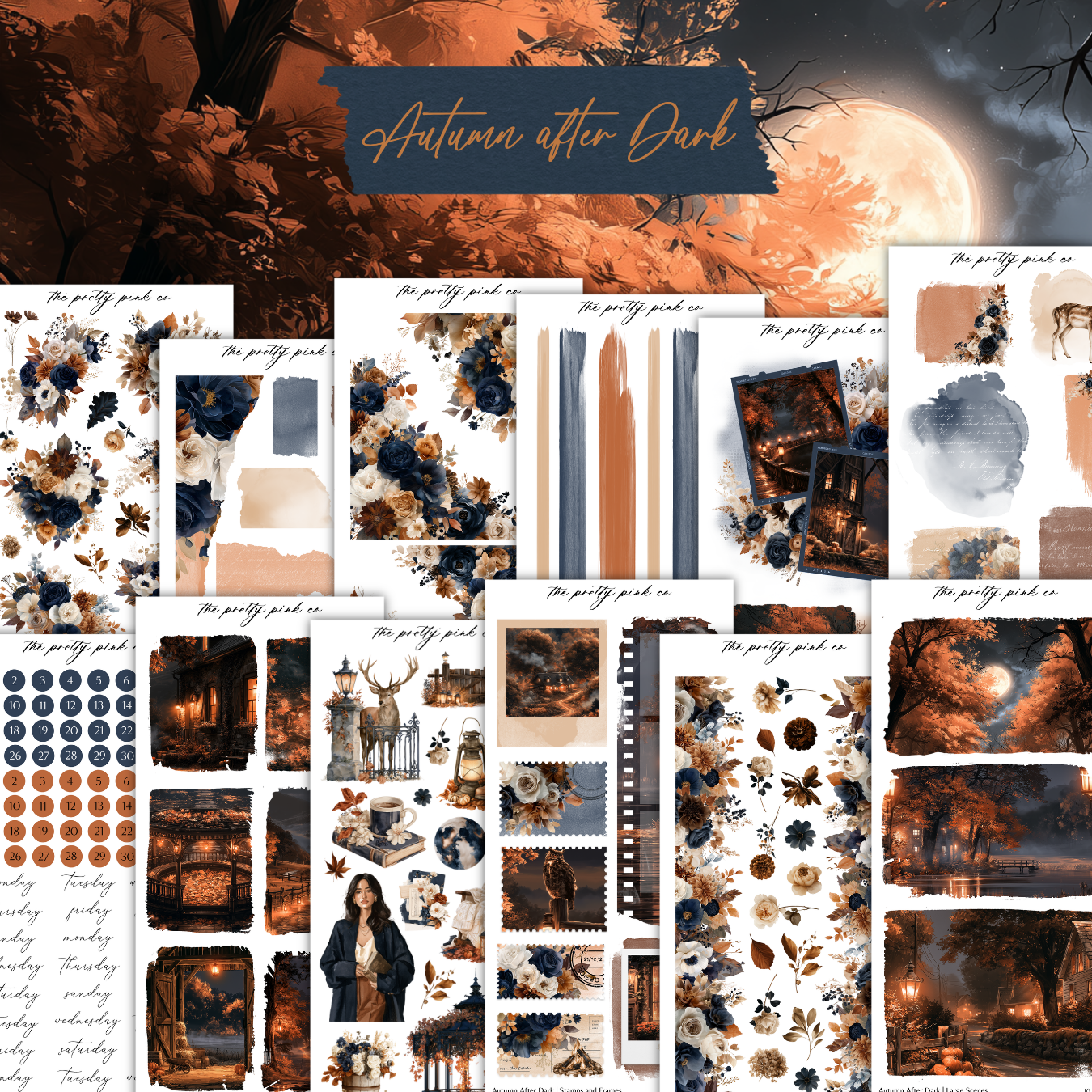 The image is a collage of various autumn-themed images, including floral patterns, silhouettes of trees, and a full moon. The collage is titled "Autumn after Dark" and includes a variety of autumn-related elements, such as leaves, flowers, and a full moon.