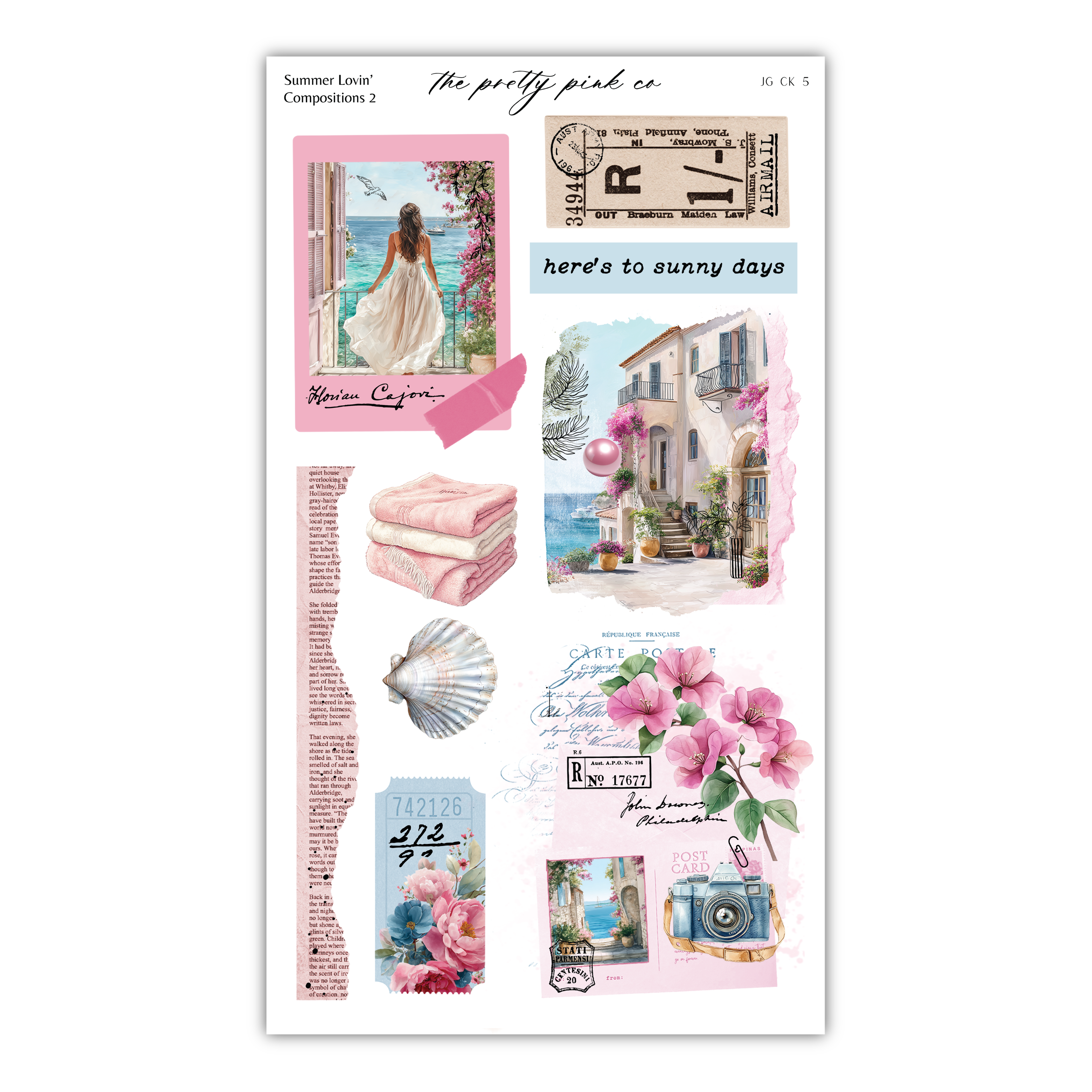 The image is a collage of various images, including a woman in a white dress, a seashell, a pink towel, a pink flower, and a pink and white seashell. The collage also includes a postcard, a pink and white seashell, and a pink and white seashell. The collage is titled "Summer Lovin' Composition 2" and includes text such as "The pretty pink co", "Here's to sunny days", and "R 1".