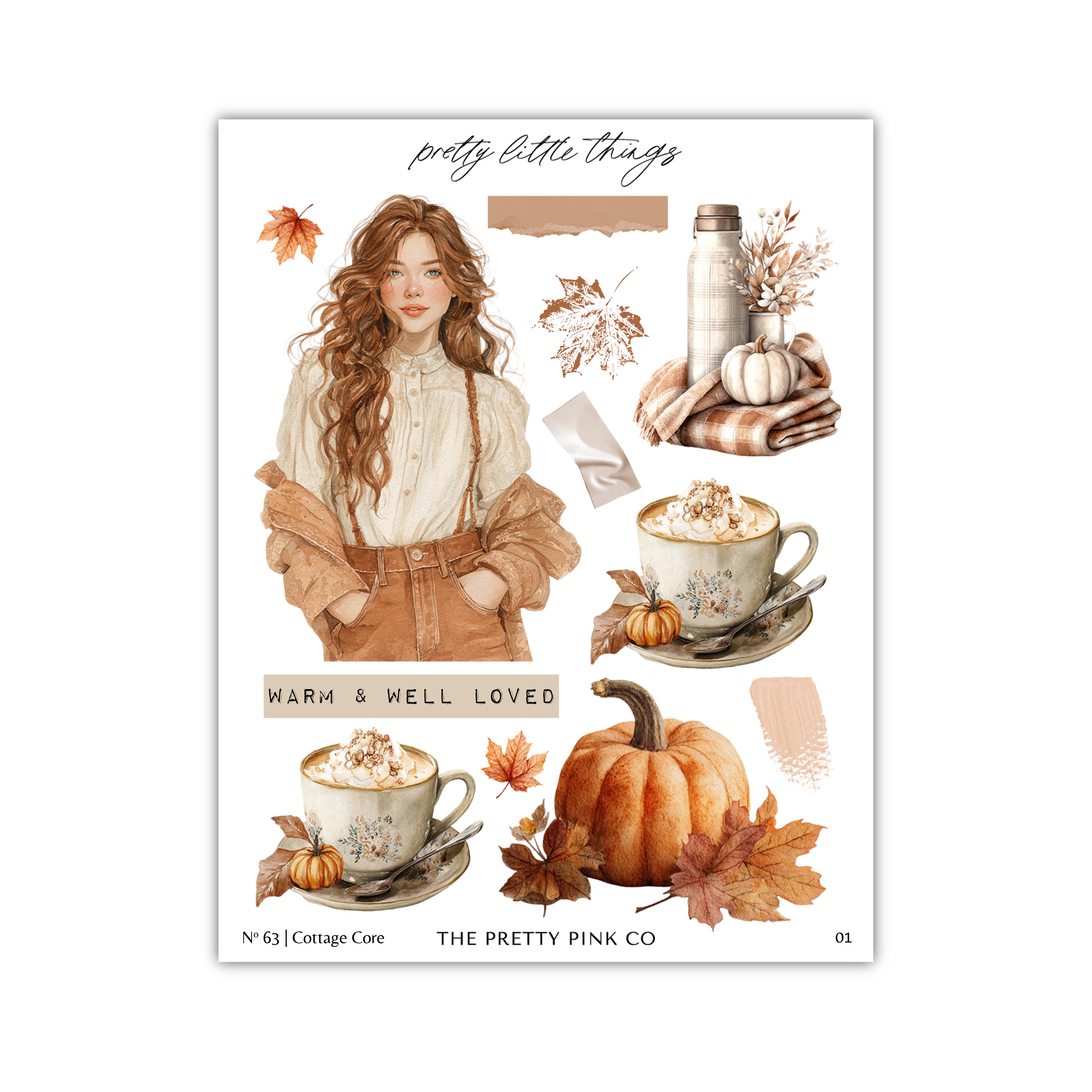 The image is a collage of various autumn-themed elements, including a woman, pumpkins, leaves, and cups of coffee.