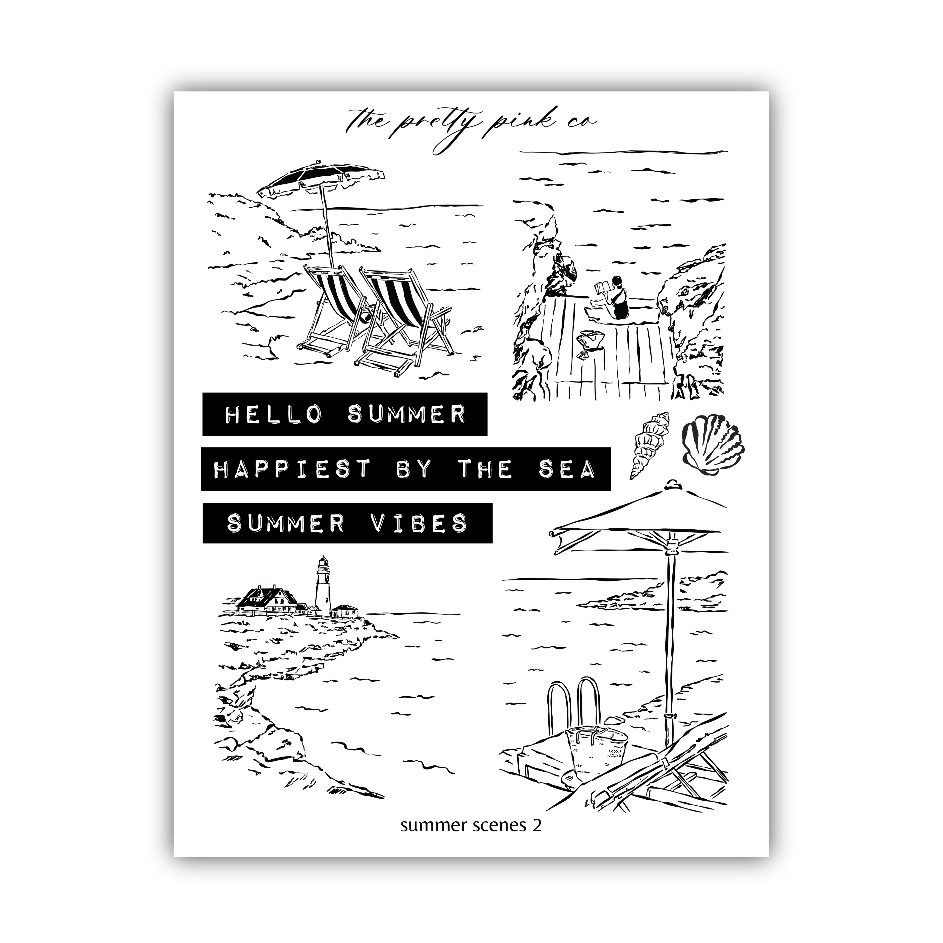 The image is a black and white illustration depicting various summer scenes, including a beach, a lighthouse, and a pool.
