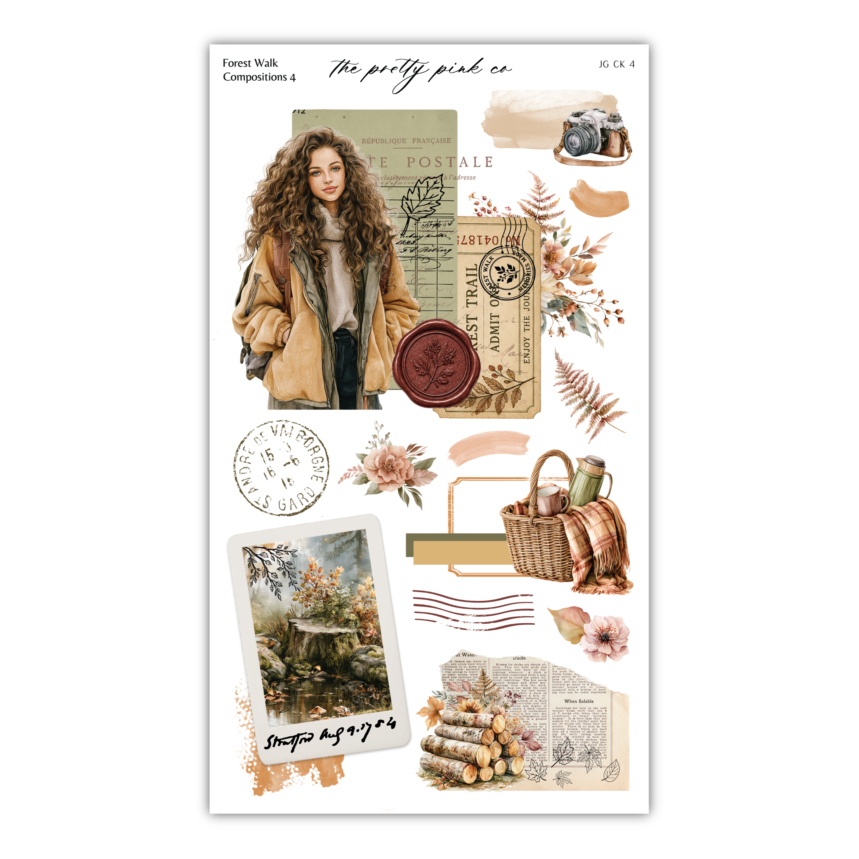 The image is a collage of various elements, including a woman, a camera, a stamp, a basket, and a tree. The collage appears to be a creative and artistic composition, with different textures, colors, and shapes.