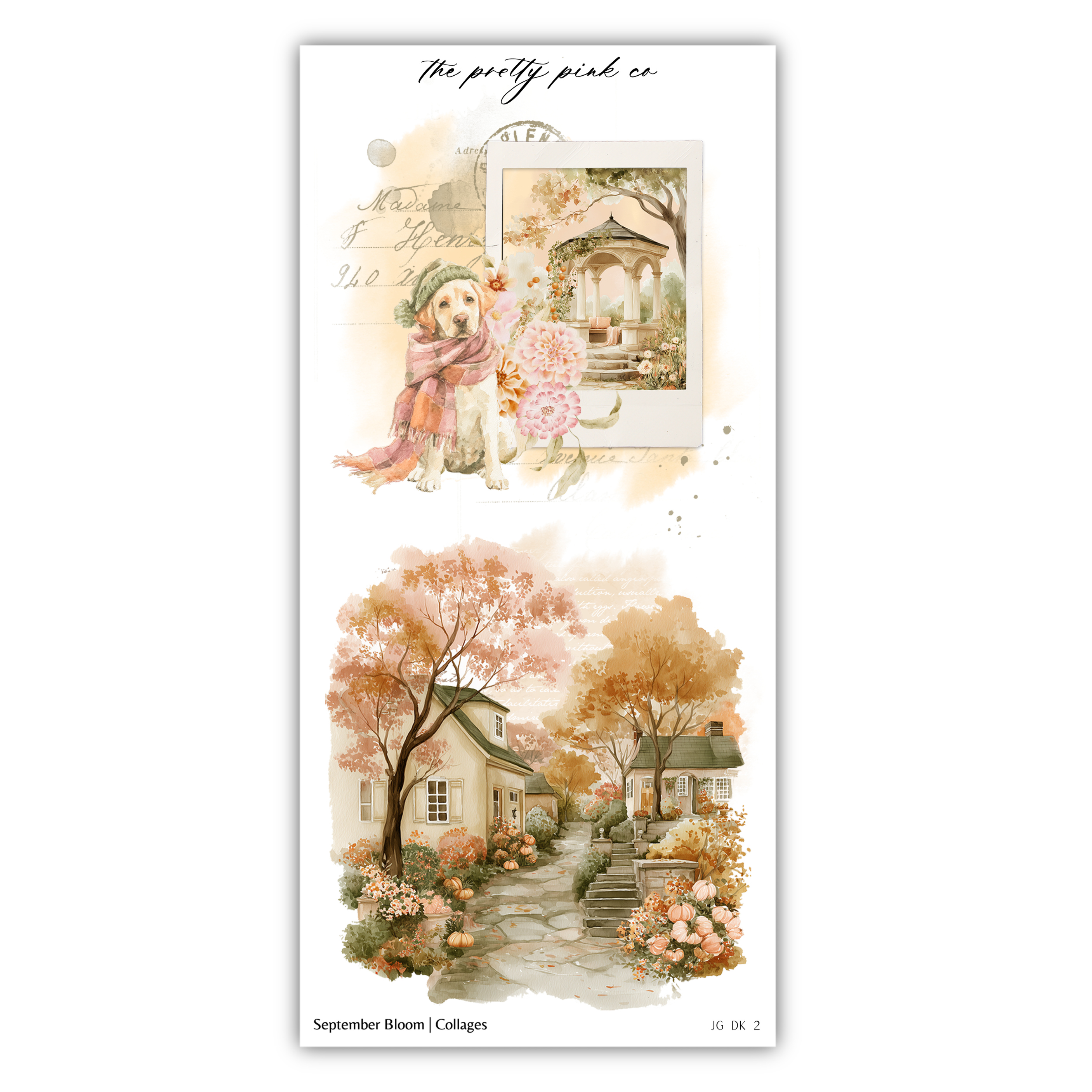The image is a collage of two pictures depicting a dog in a scarf and a house with a garden, both set against a backdrop of autumn foliage.