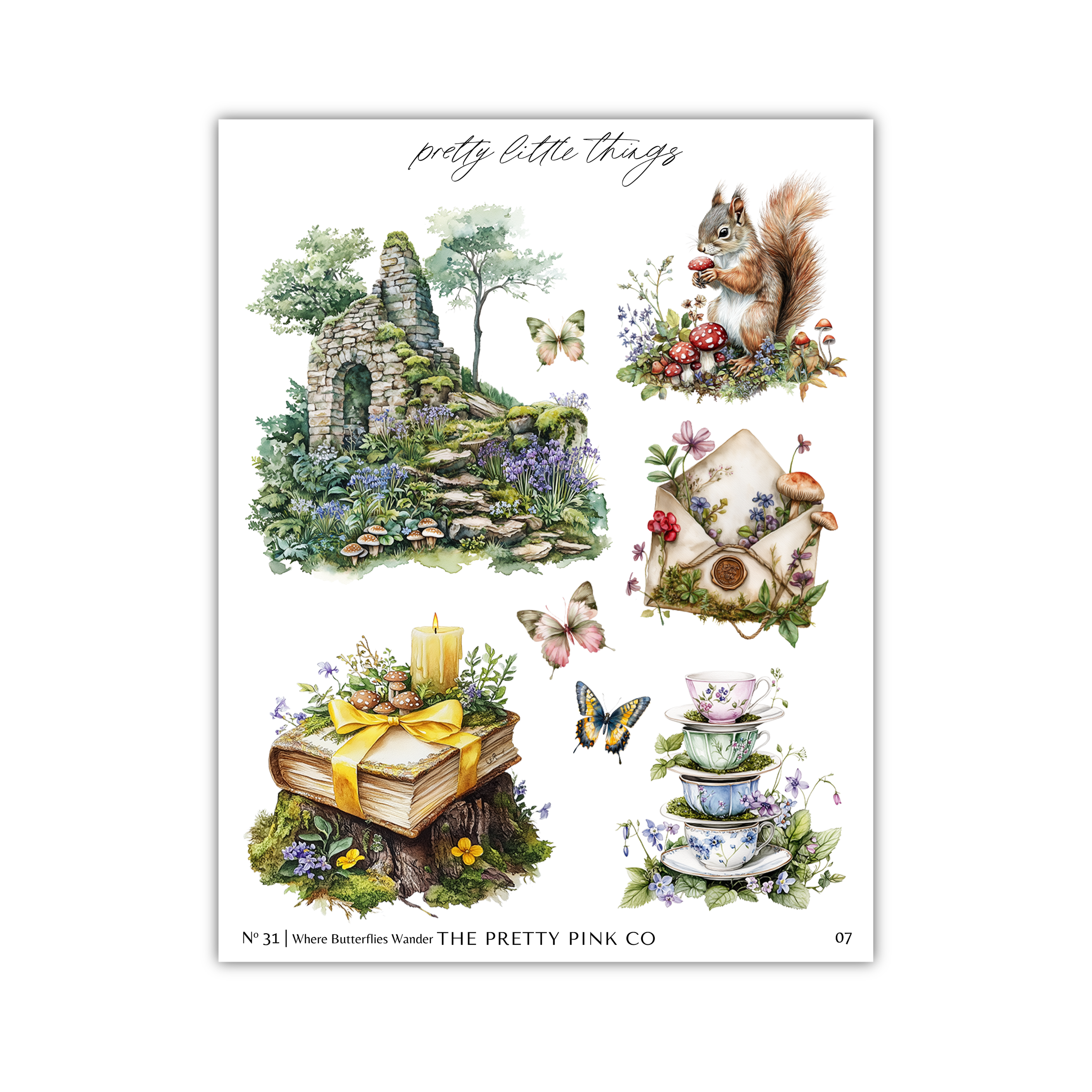 The image is a collage of various illustrations, including a castle, a squirrel, butterflies, a book, a teapot, and a cupcake, all set against a natural backdrop.