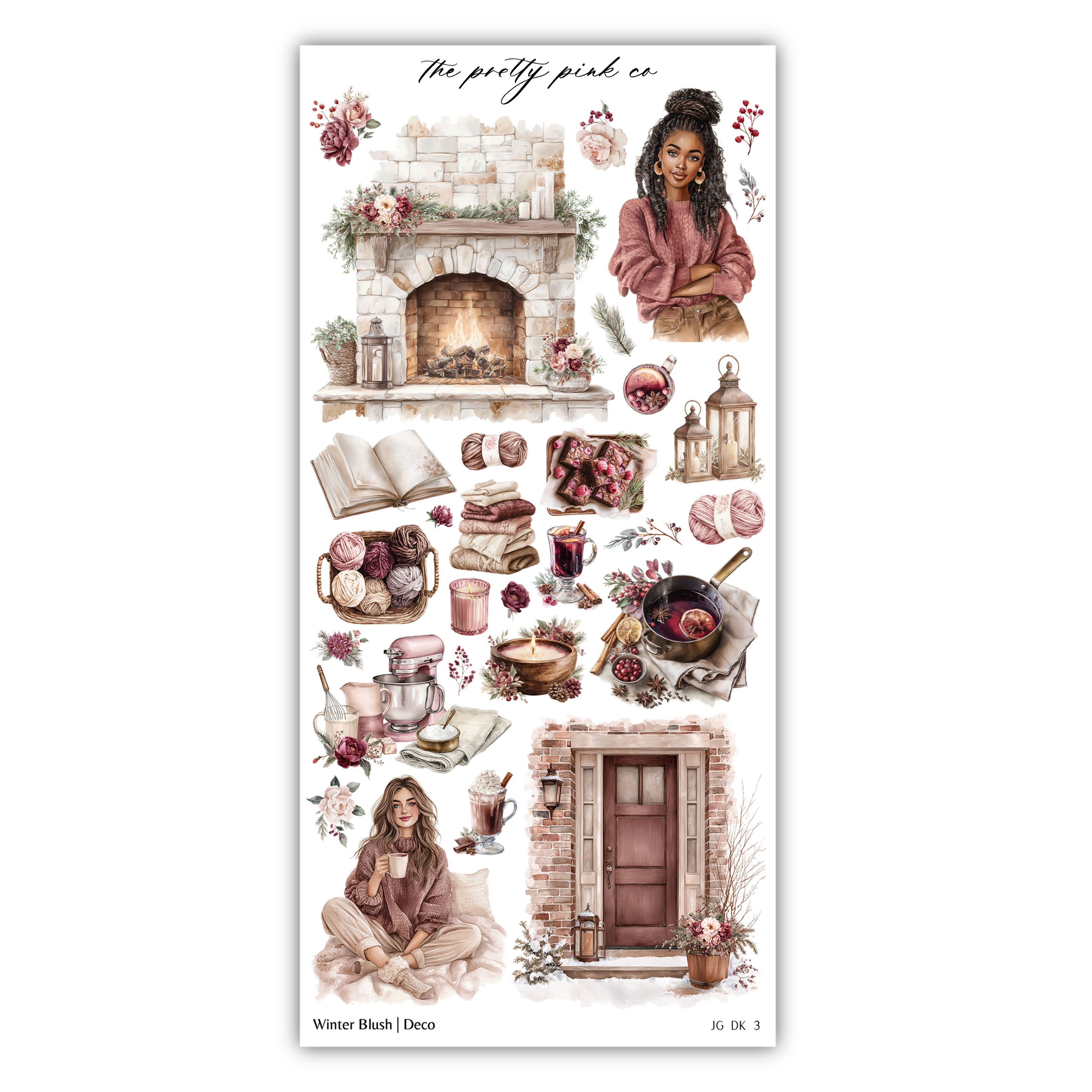 The image is a collage of various objects and scenes, including a fireplace, a woman, a book, a lantern, a vase, a bowl, a cup, a plant, and a door. The collage is titled "The pretty pink co" and includes a winter-themed element, such as a woman sitting by a fireplace.
