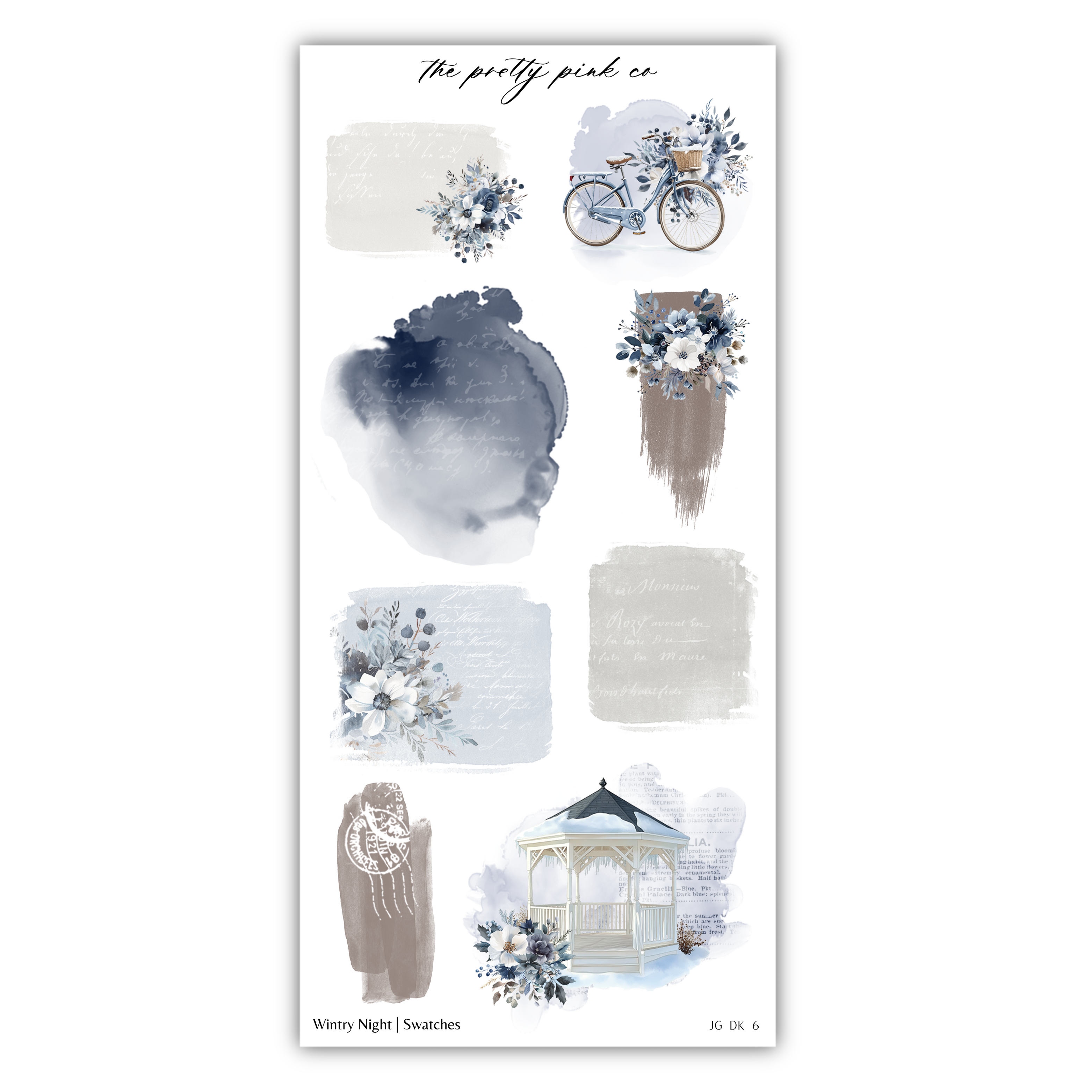 a sticker sheet with watercolor flowers and a bicycle