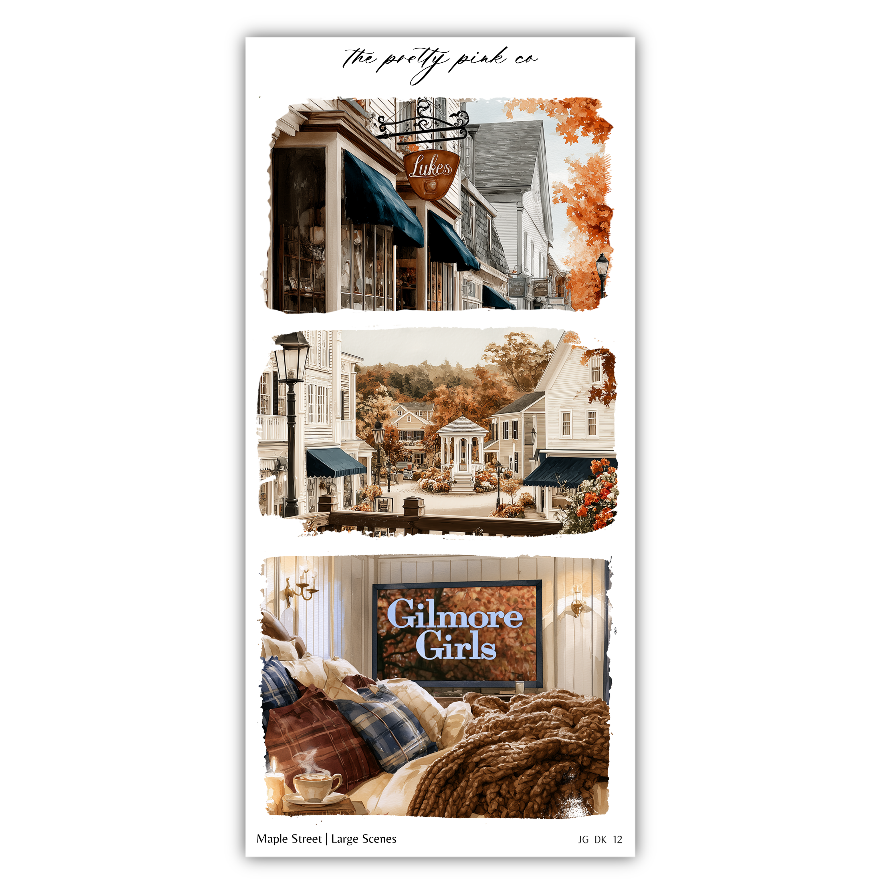 The image is a collage of three pictures depicting scenes from the television series Gilmore Girls. The first image shows a street scene with a store called "Likes" and a tree with orange leaves. The second image depicts a cozy bedroom scene with a bed and a fireplace. The third image shows a street scene with a building with a sign that reads "Glomer Girls".