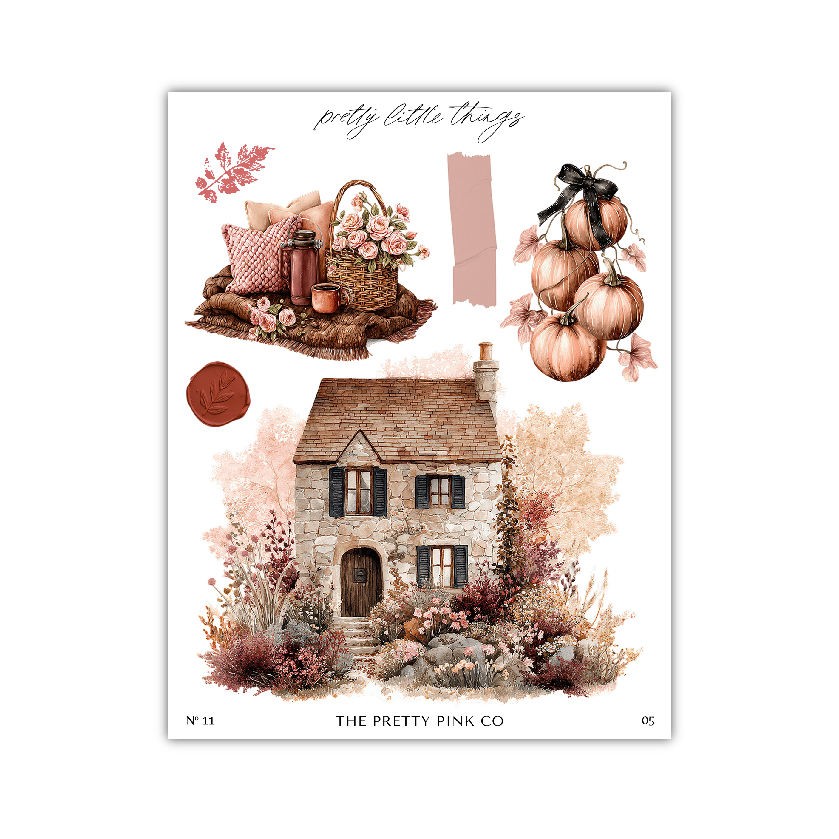 The image is a collage of various autumn-themed elements, including a house, pumpkins, flowers, and a basket.