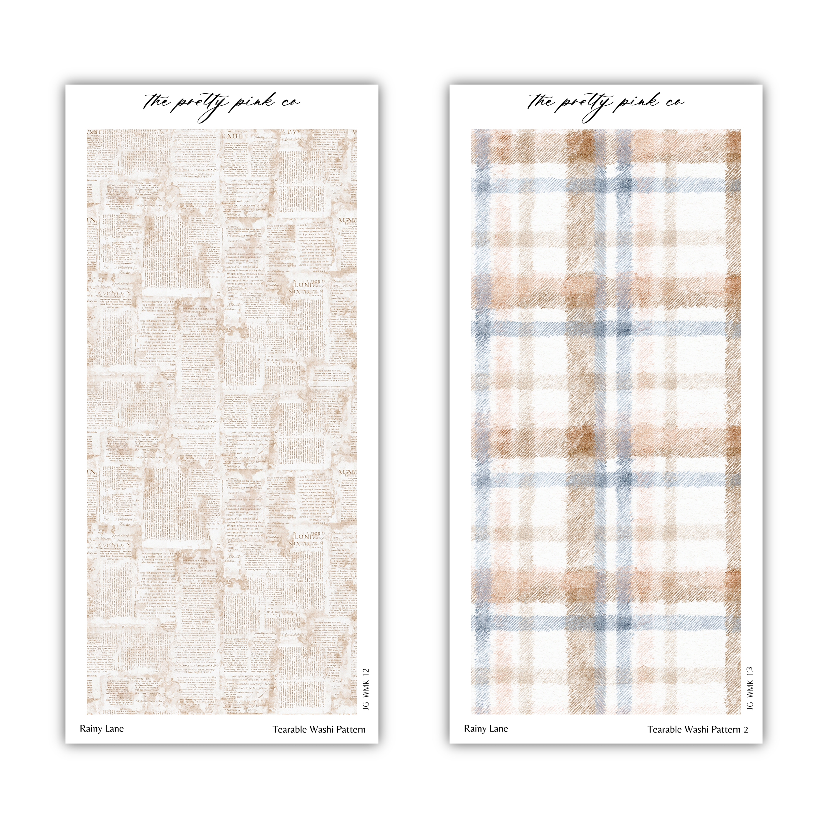 two different patterns, one with a newspaper-like texture and the other with a checkered pattern. The text above the images reads "The pretty pink co" and below the images, it says "Terrally Wash Pattern 2".