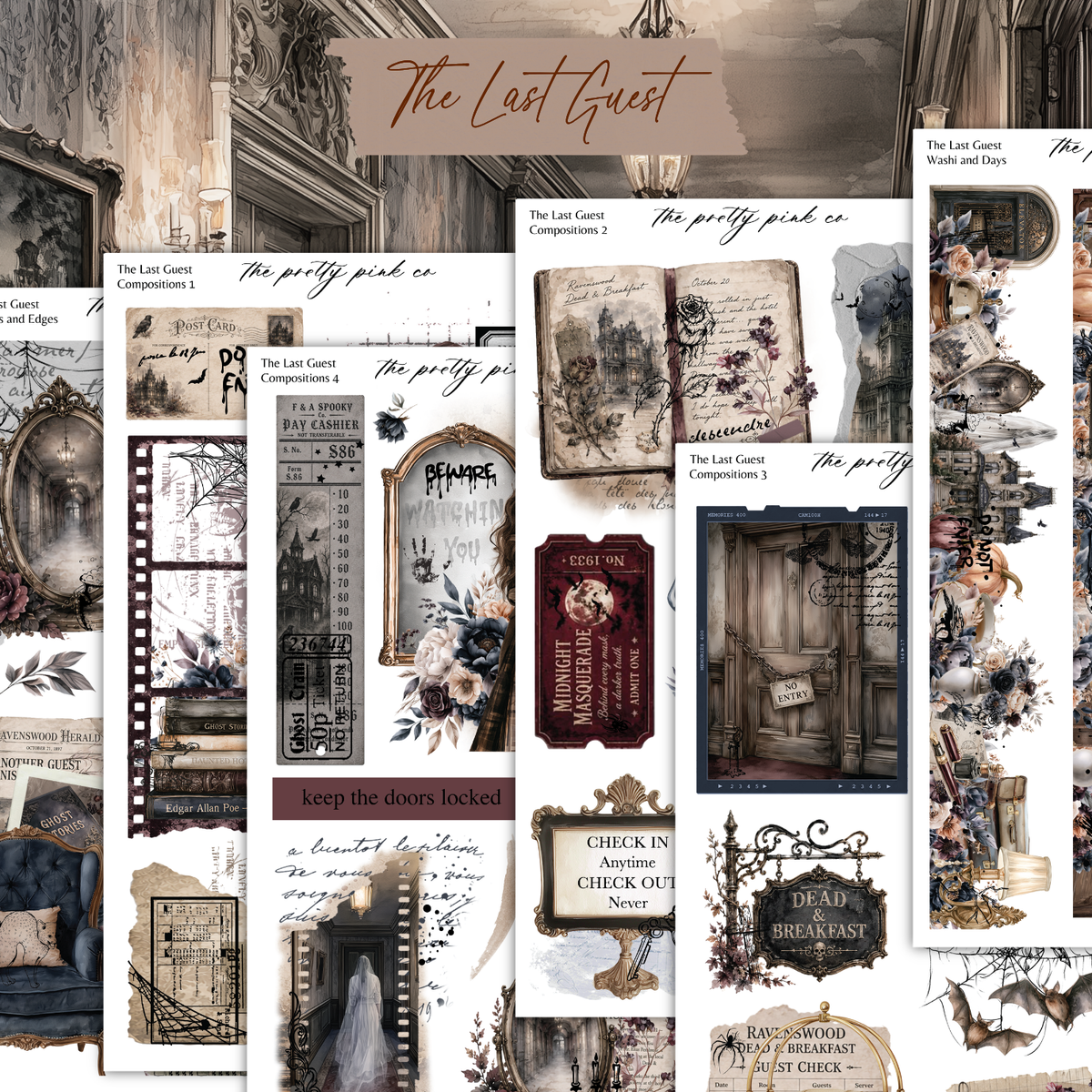 The image is a collage of various vintage-style photographs and text elements, including phrases like "The Last Guest", "The pretty pink co", and "The pretty pink co". The collage appears to be a collection of vintage-inspired images and text, possibly from a book or magazine.