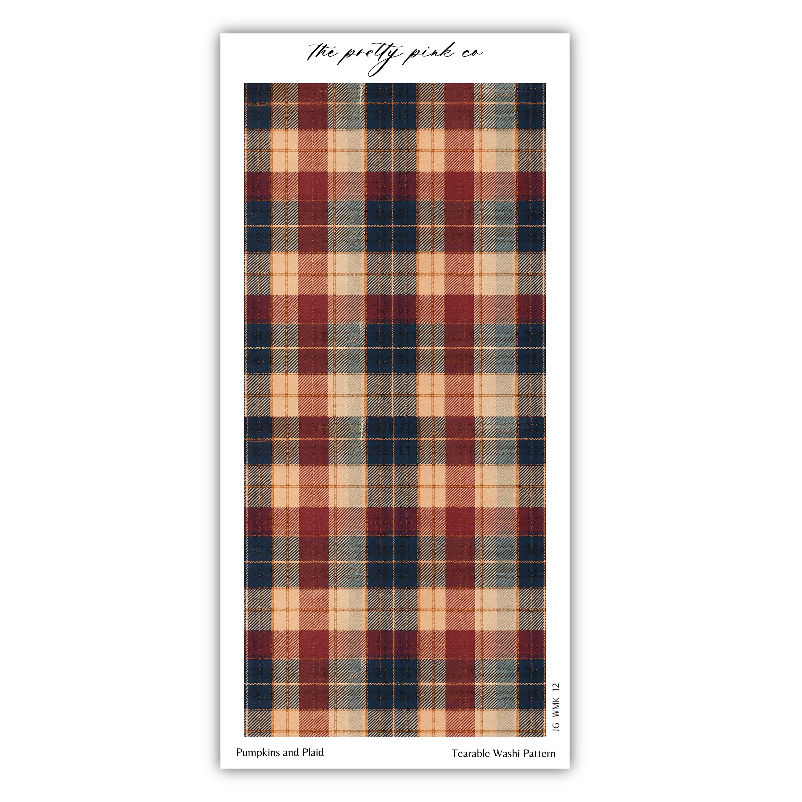 a repeating pattern of a plaid design with a mix of colors including red, orange, blue, and green. The pattern is displayed on a white background, and there is text at the top that reads "The pretty pink co."