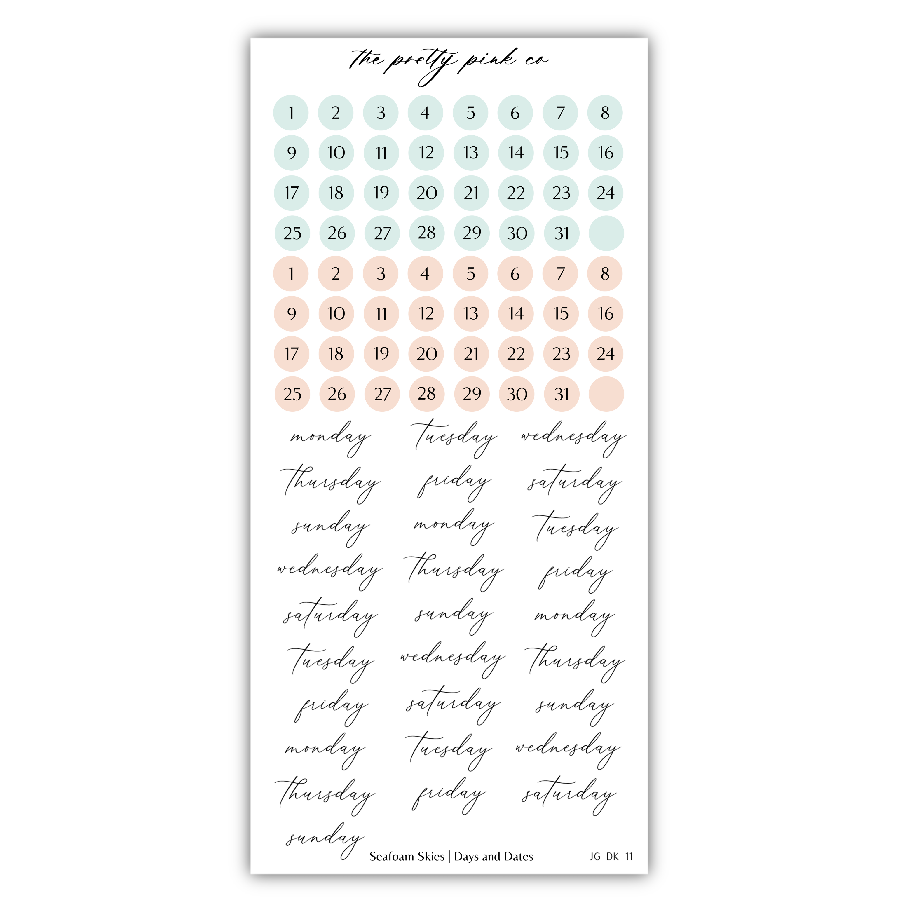 The image is a calendar with a grid of days and dates, and it also includes a list of days and dates. The calendar is organized in a grid format with days of the week listed in a column and dates listed in a row. The list of days and dates is written in a cursive font and is located at the bottom of the calendar. The image does not contain any text that is too long or too repetitive, and it does not describe each individual element in detail.