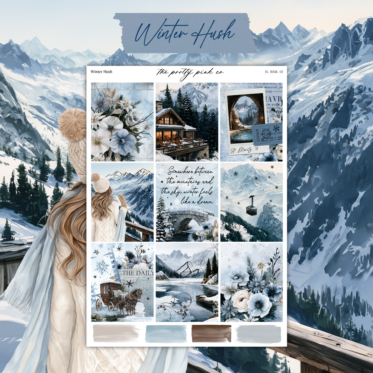 The image is a collage of various winter-themed images, including a snowy mountain landscape, a cabin, flowers, and a person in a winter coat.