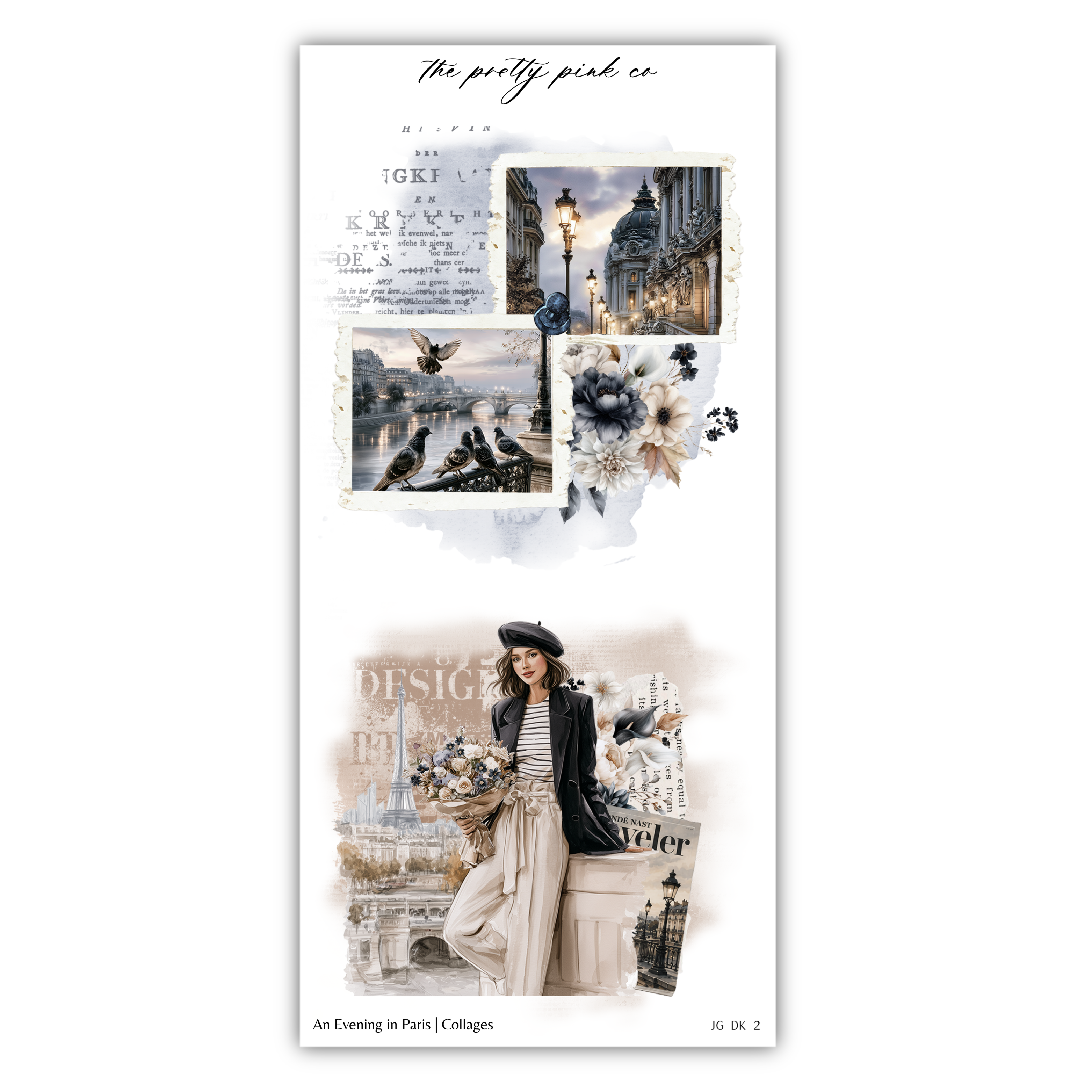The image is a collage featuring various elements, including a woman in a hat, a cityscape, and floral elements. The collage is titled "An Evening in Paris (Colleges)" and includes a caption that reads "An Evening in Paris (Colleges)" at the bottom.