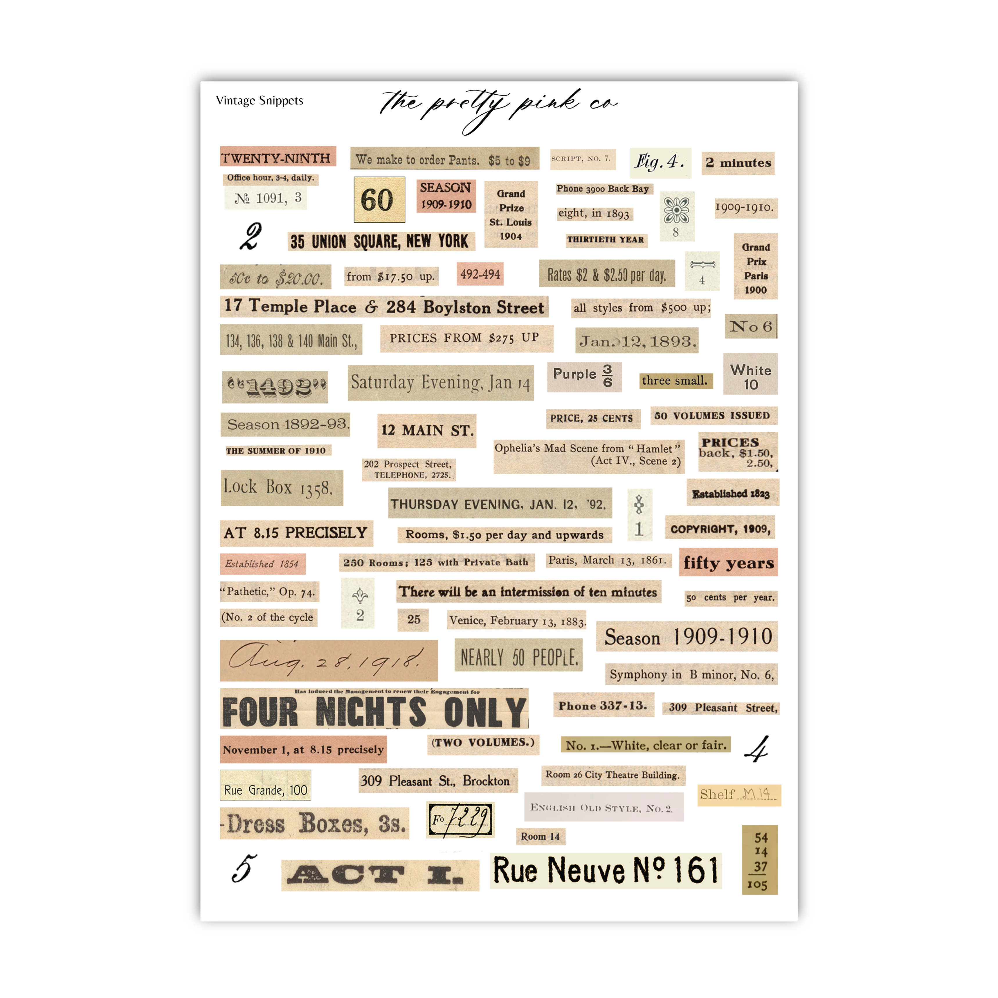 The image is a collage of various vintage snippets, including addresses, dates, prices, and other information, all arranged in a visually appealing manner.