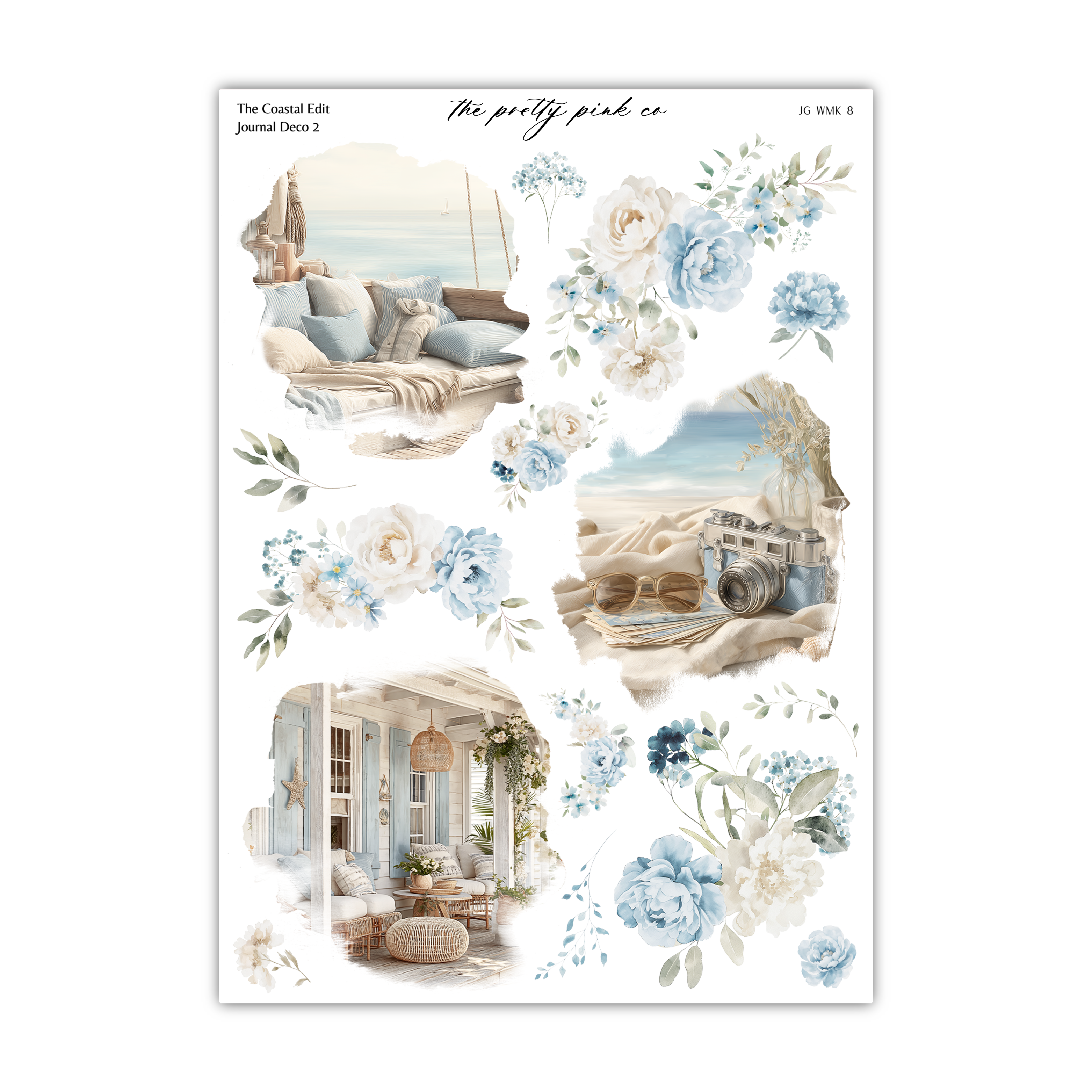 The image is a collage of various images depicting a coastal scene, including a porch, a beach, and floral elements.