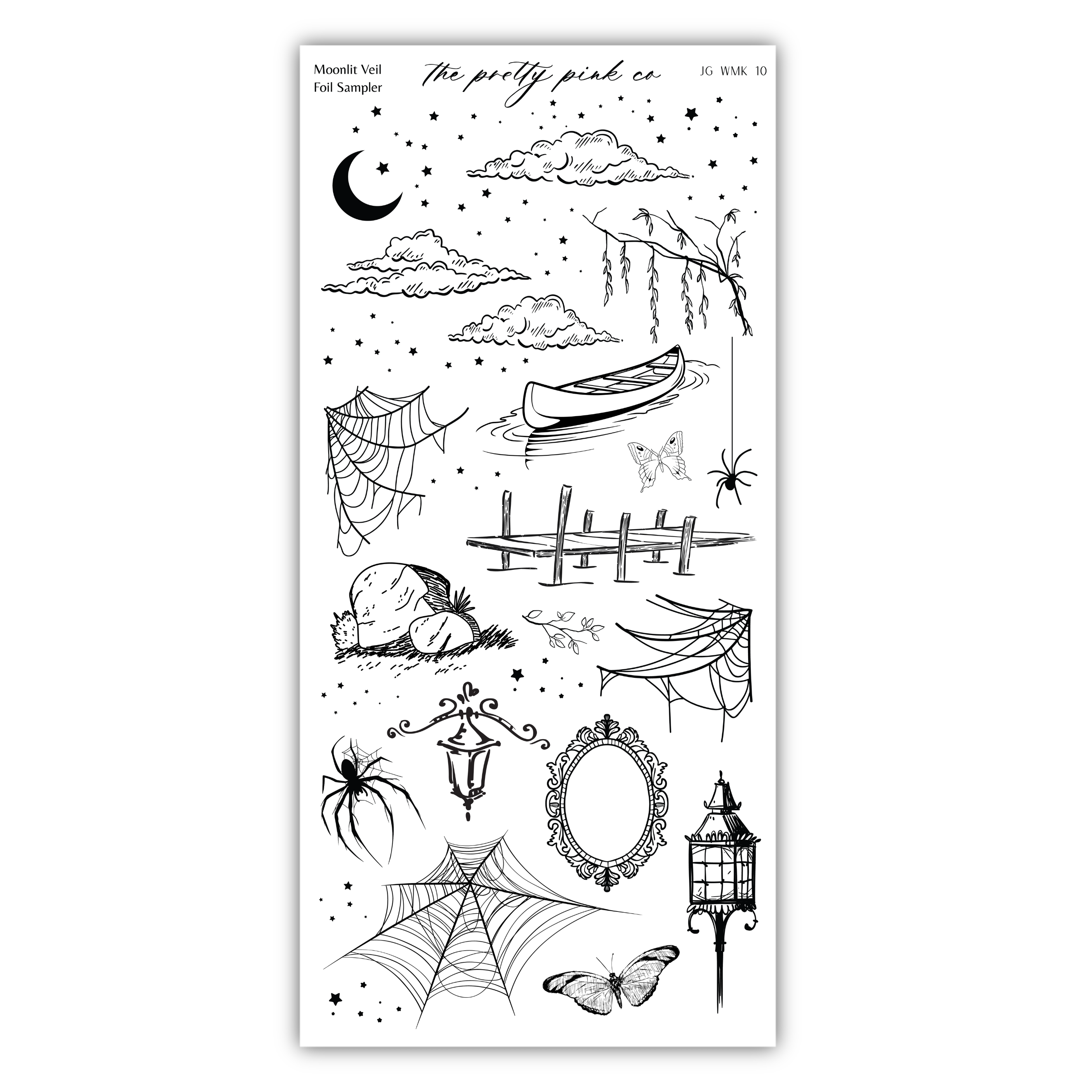 various black and white illustrations, including a boat, spider, lantern, spider web, and other Halloween-themed elements.