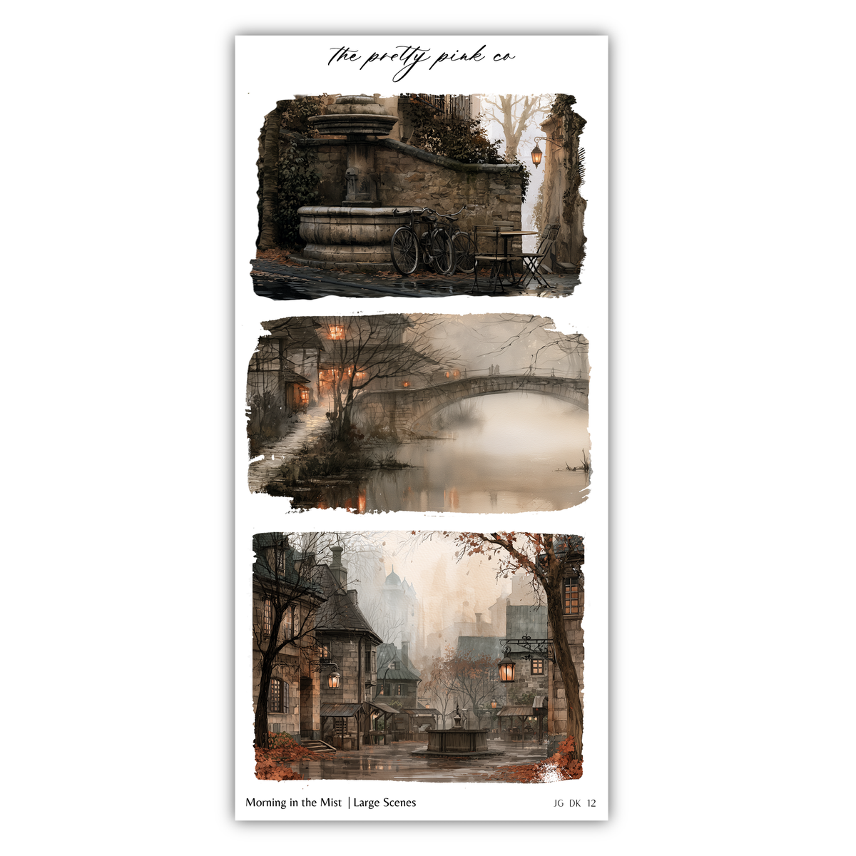The image is a collage of three pictures depicting various scenes, including a stone fountain, a bridge, and a town with buildings and trees.