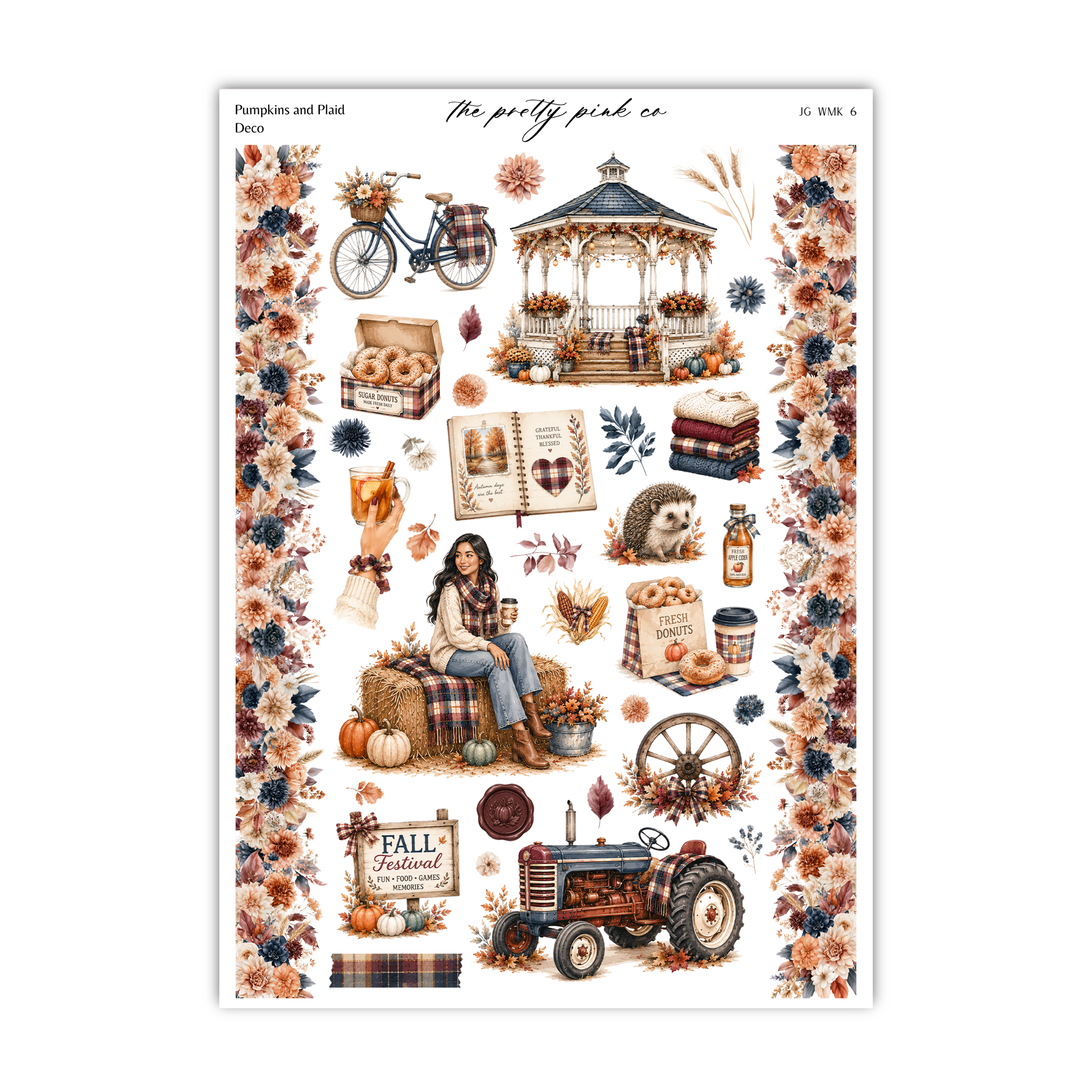 The image is a collage of various fall-themed items, including pumpkins, a gazebo, a bicycle, a book, a woman, a pig, a tractor, and other fall-related objects.