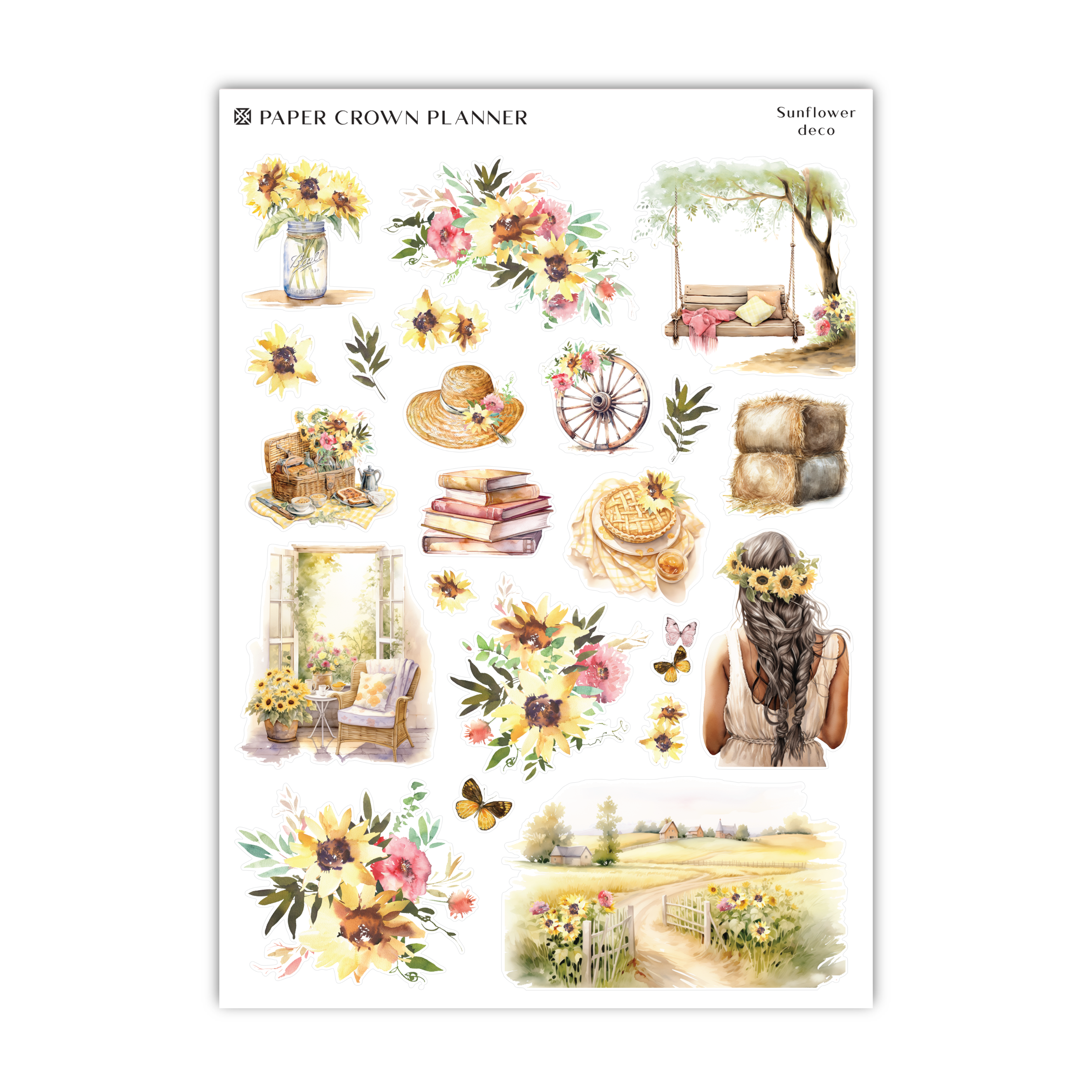 a sticker sheet of flowers and books