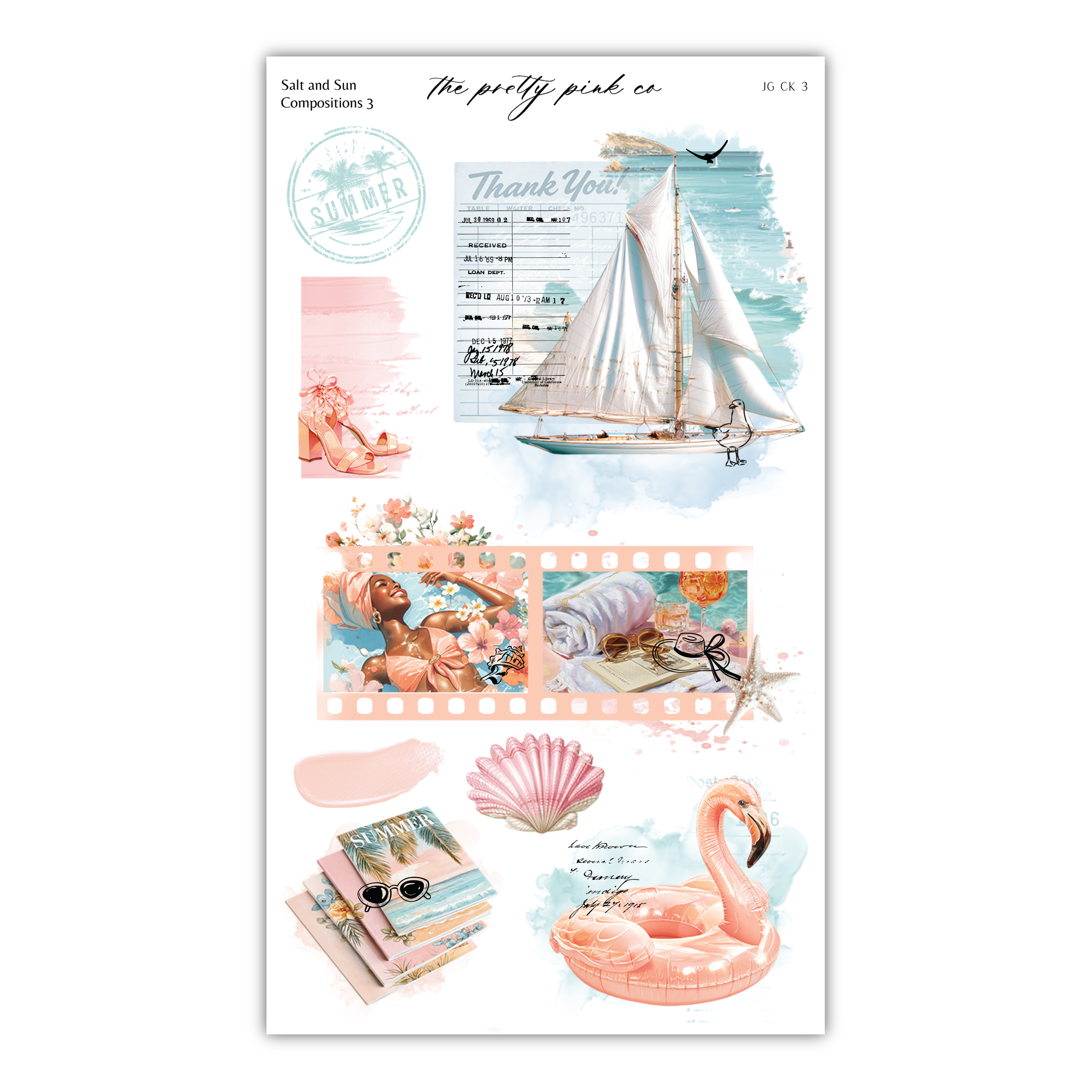 The image is a collage of various summer-themed elements, including a sailboat, a flamingo, sunglasses, a magazine, and a shell.