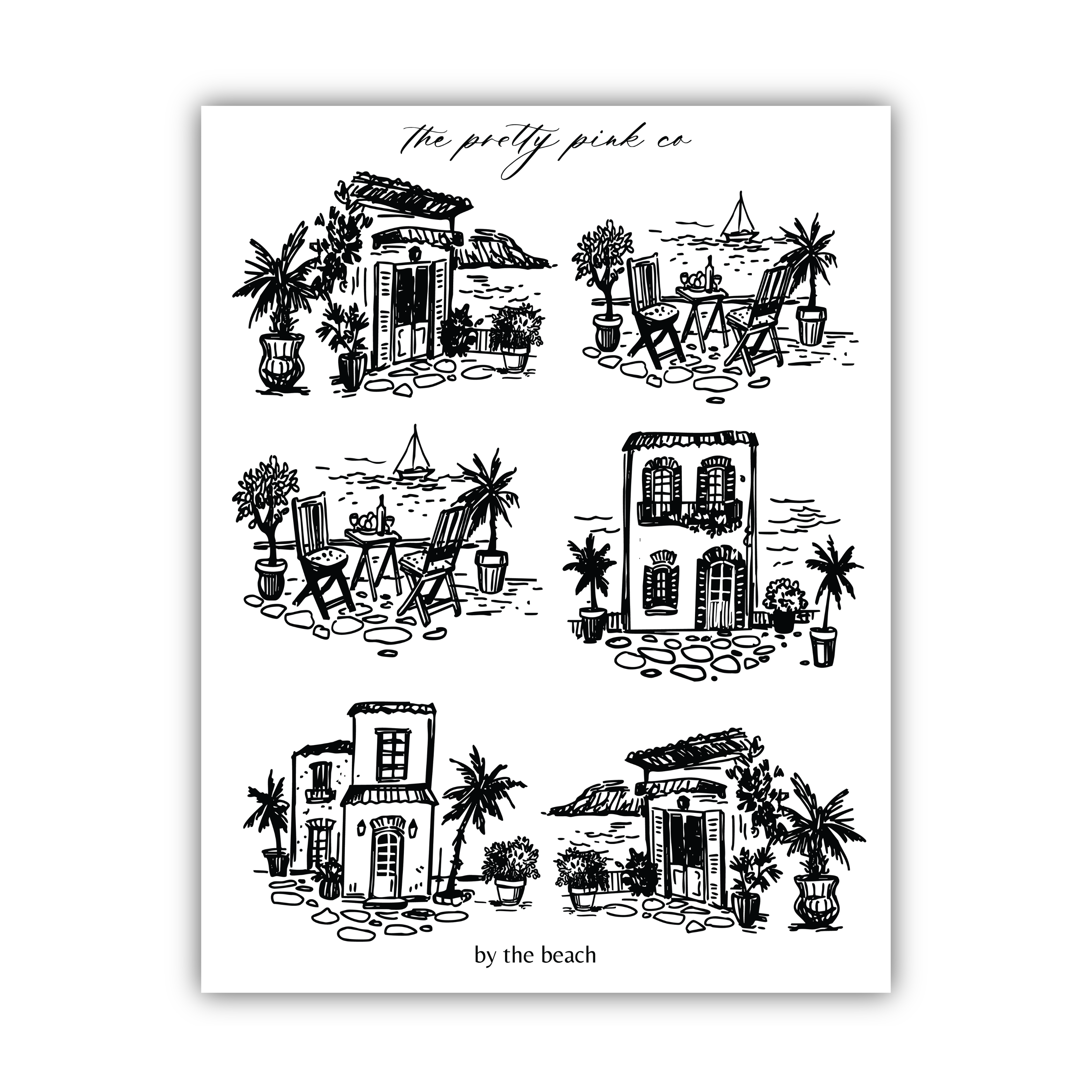 The image is a black and white illustration depicting various beach-themed scenes, including buildings, palm trees, and outdoor furniture.