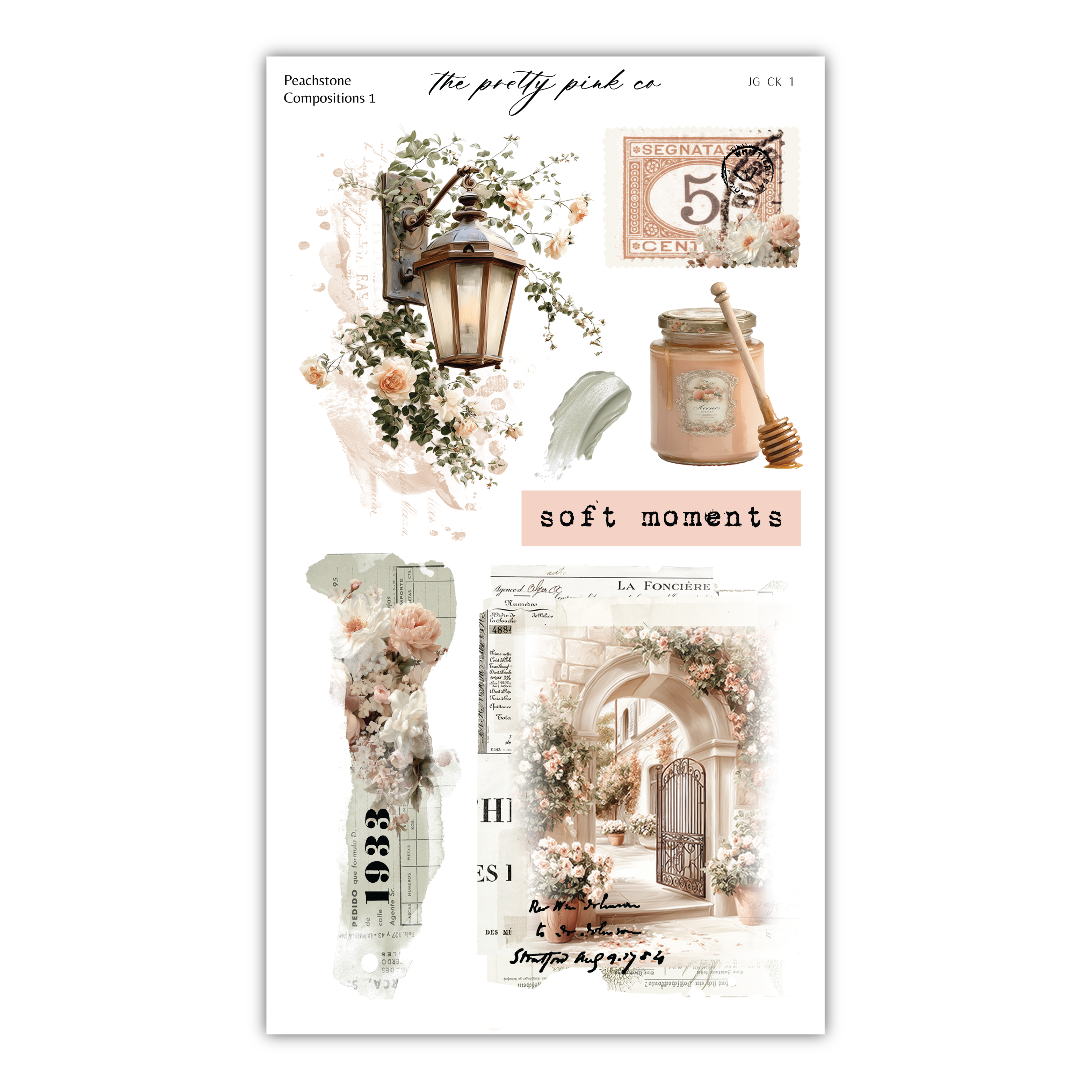 The image is a collage of various decorative elements, including a lantern, a jar of honey, flowers, and an archway. The collage appears to be a collection of different textures, colors, and patterns, creating a visually appealing and harmonious composition.
