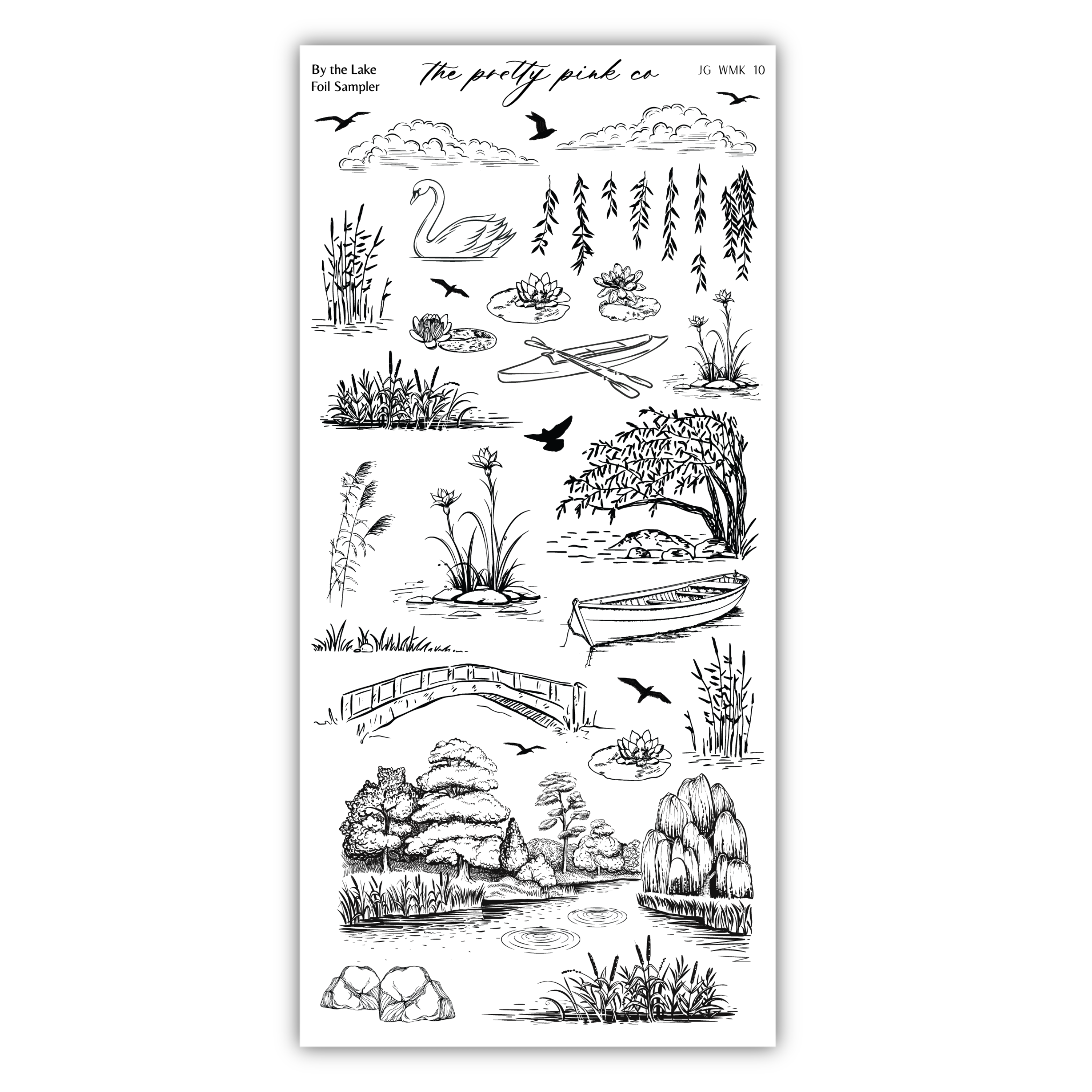 various hand-drawn illustrations of natural elements, including plants, birds, and a boat, all depicted in a black and white style.