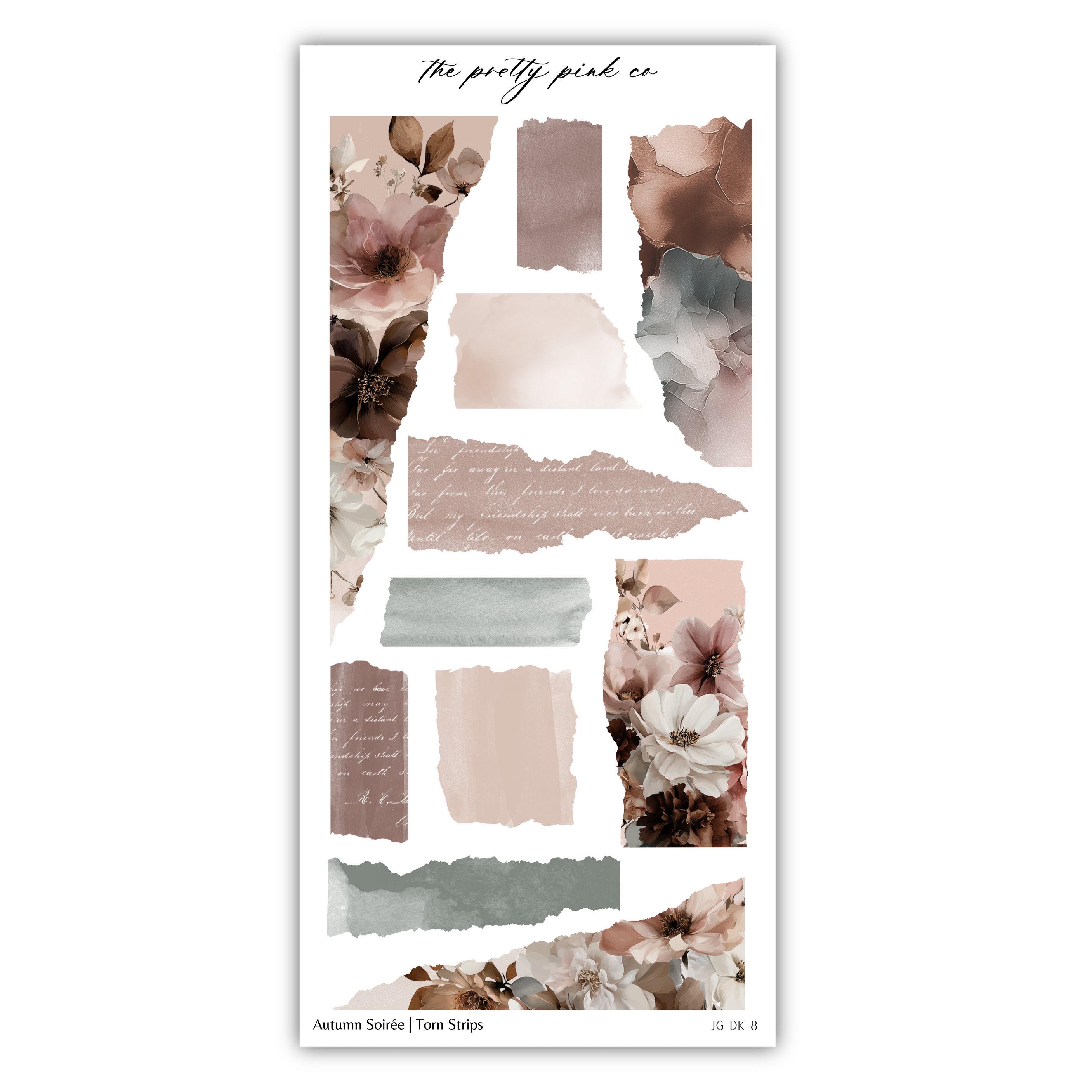 The image is a collage of various abstract and floral-themed elements, including torn strips, watercolor splashes, and floral patterns. The collage appears to be a creative and artistic representation of nature and textures, with a focus on the interplay of colors and shapes.