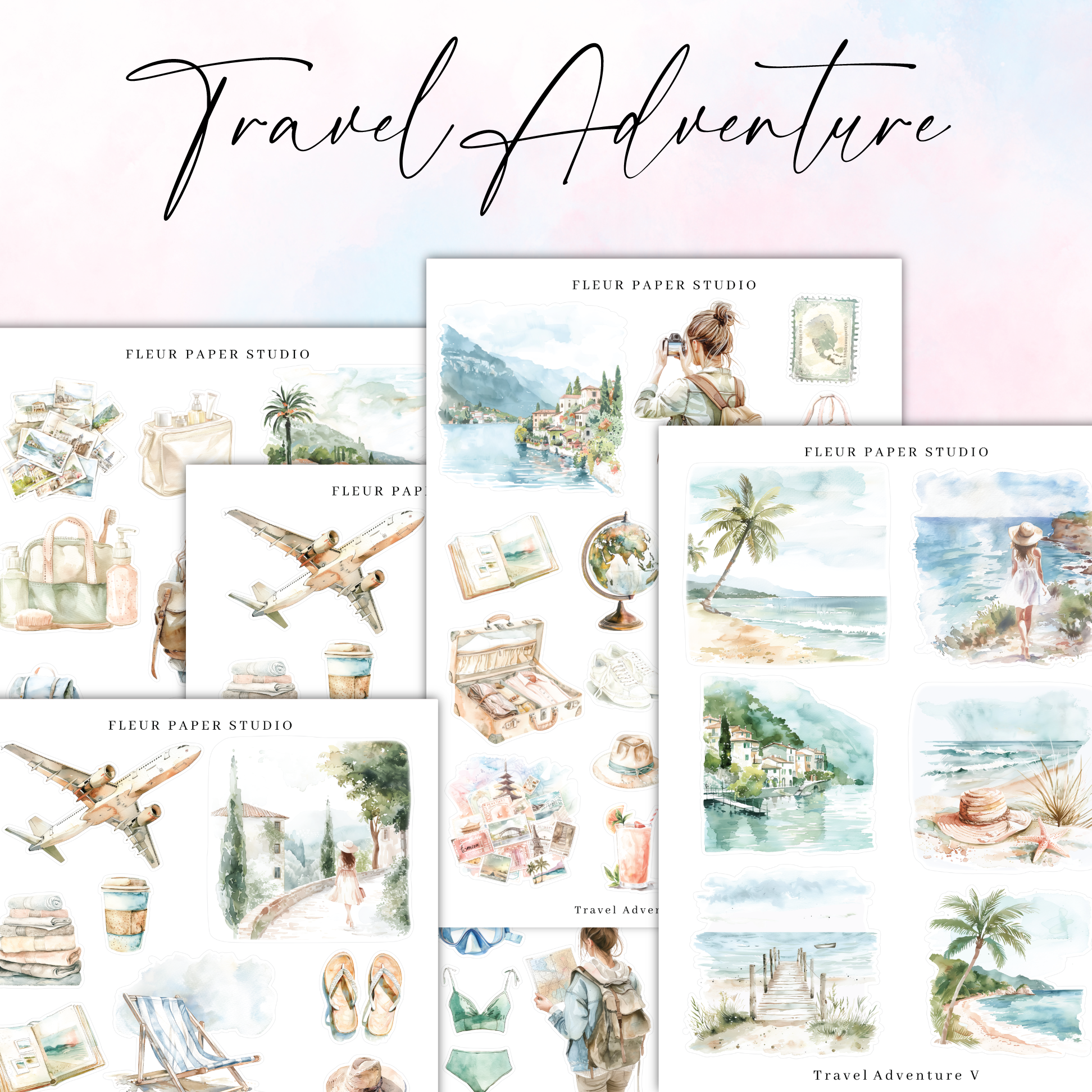 a set of watercolor illustrations of travel and adventure