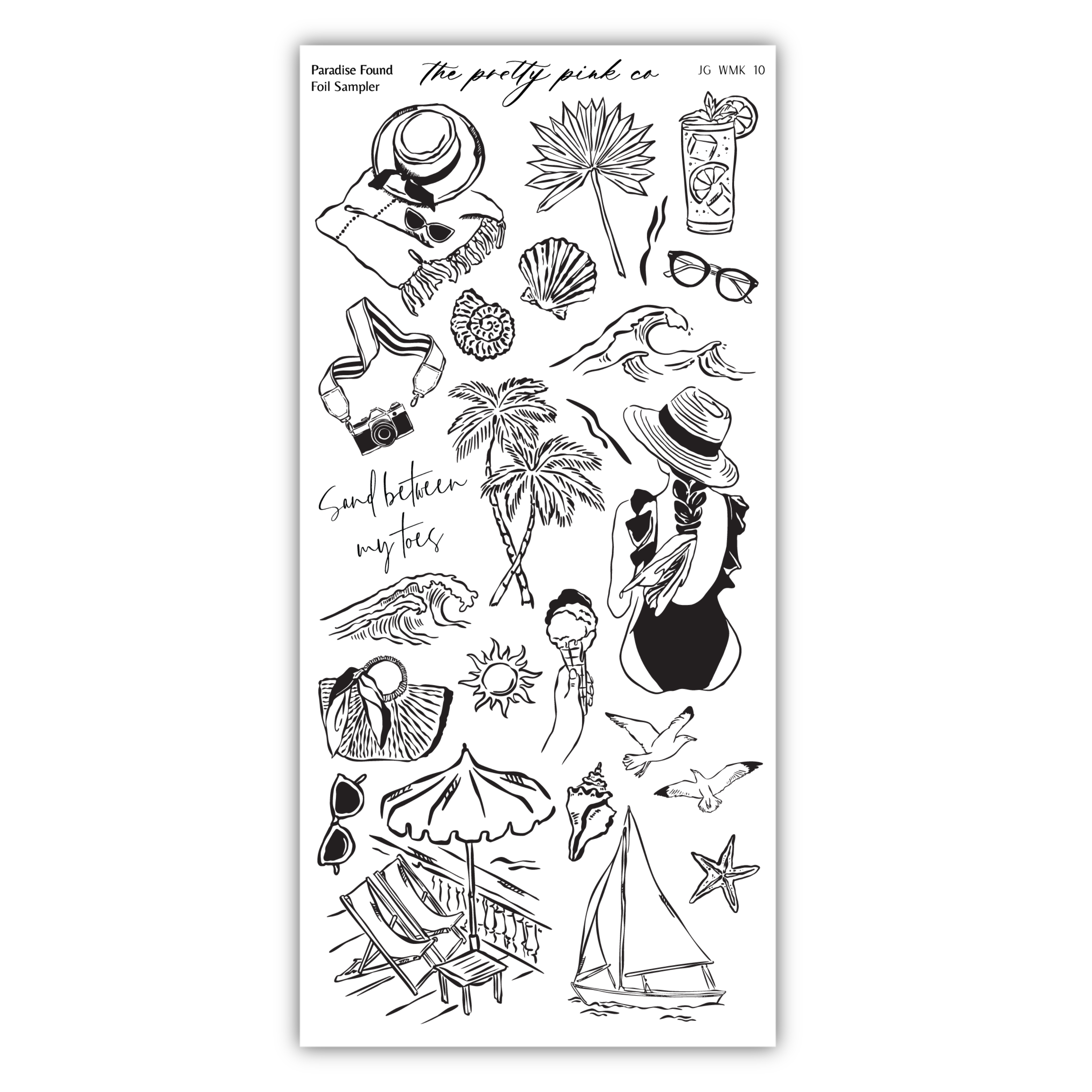 various stylized illustrations of beach-related objects and activities, including a hat, sunglasses, a beach umbrella, a surfboard, a palm tree, a bird, and a sailboat.