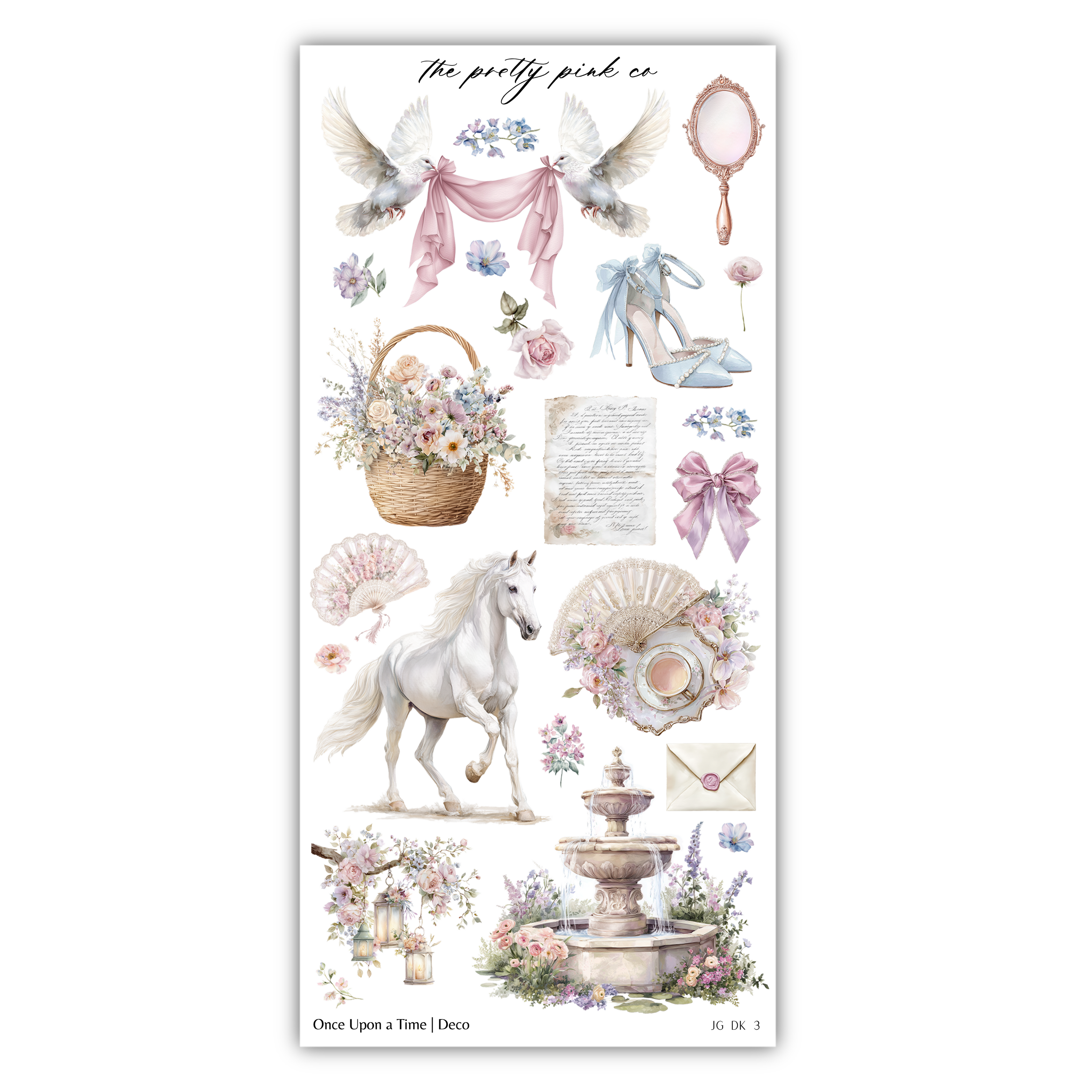 various decorative and ornamental elements, including a horse, flowers, a fountain, and a mirror, all arranged in a visually appealing manner.