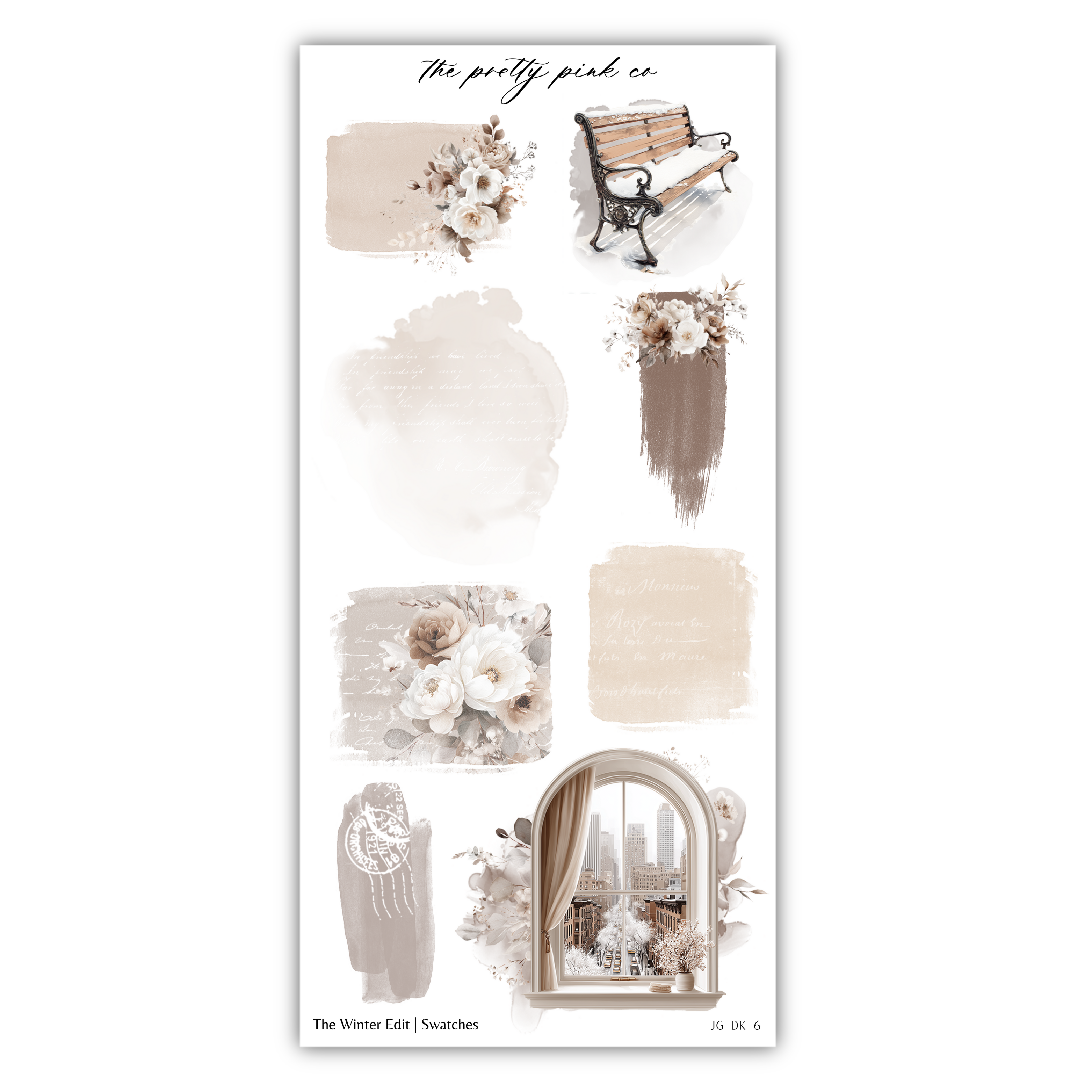 various floral and architectural elements, including a bench, a window, and a floral arrangement, all set against a neutral background.