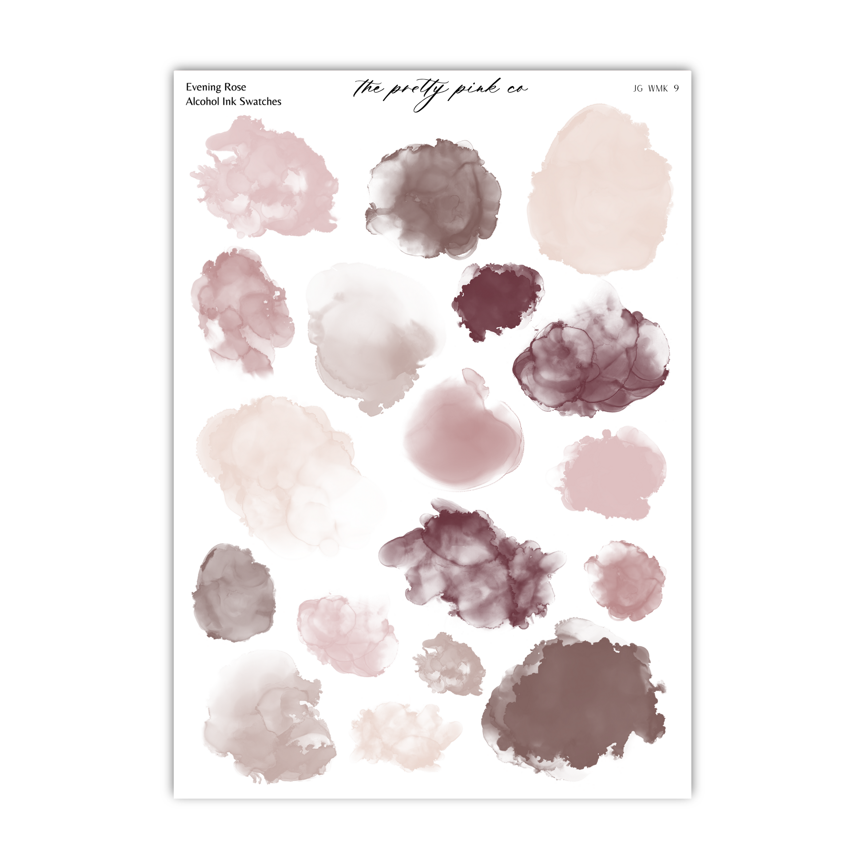 a collection of abstract watercolor brush strokes in various shades of pink, purple, and brown, arranged in a grid-like pattern.