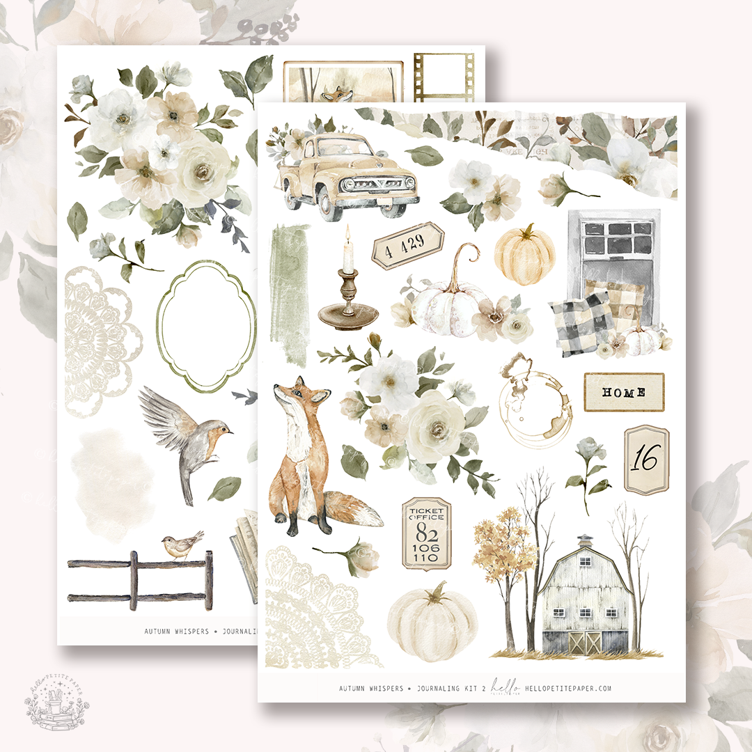 various autumn-themed elements, including flowers, pumpkins, a barn, a bird, and a fox. The overall color palette is predominantly green, white, and beige, with some brown accents. The image appears to be a collage of different elements, and the text is not too long, as it is described as containing "less than 500 characters" and "less than 500 words".