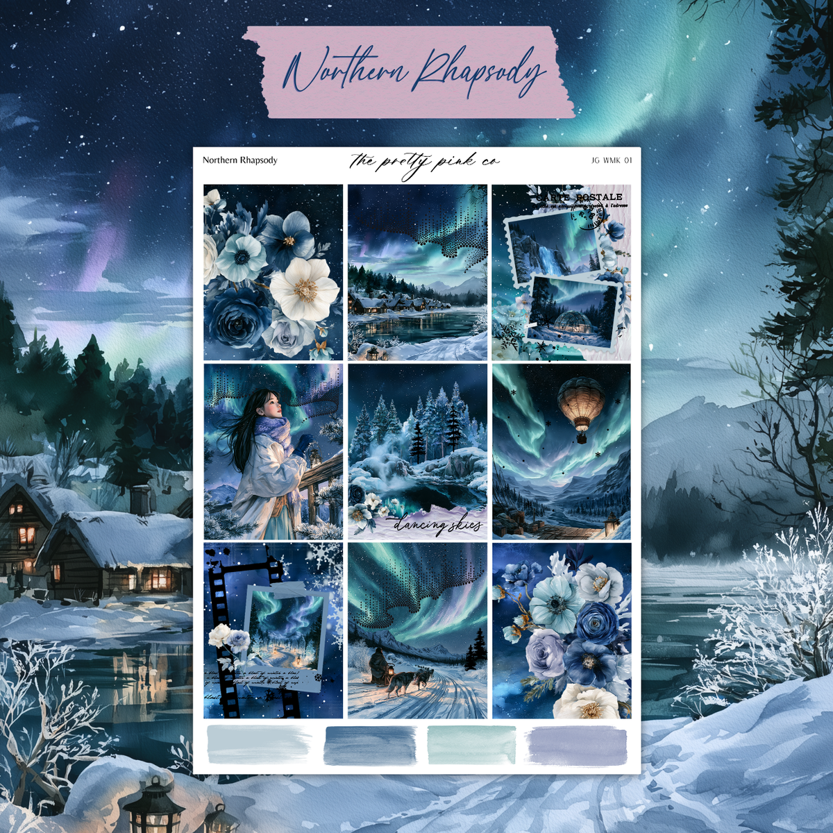 The image is a collage of nine pictures depicting various winter landscapes, including snowy mountains, a frozen lake, and a snowy village. The collage features a mix of natural and man-made elements, such as flowers, trees, and buildings, all set against a backdrop of a starry night sky.