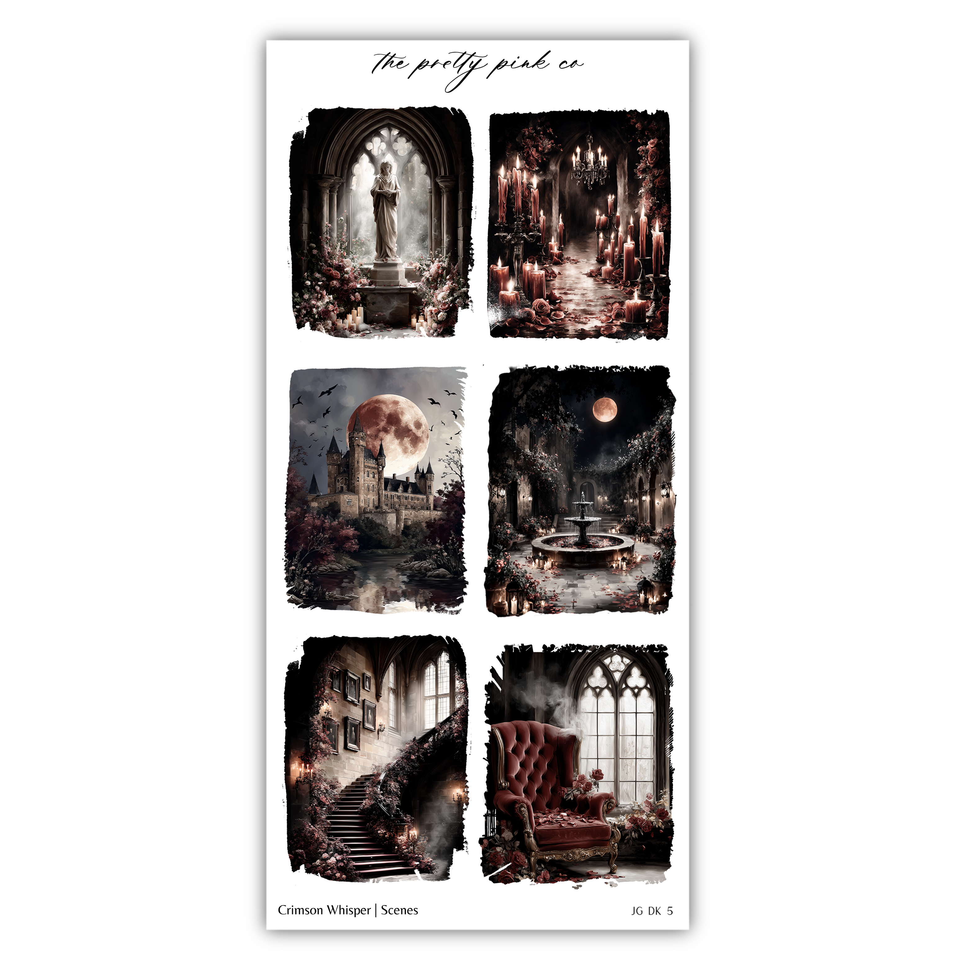 The image is a collage of six different scenes, each depicting a unique and captivating atmosphere. The scenes include a castle, a moonlit landscape, a spooky castle, a red velvet chair, a castle with a moat, and a castle with a fountain. The collage showcases a variety of architectural styles and moods, creating a visually engaging and diverse collection of images.