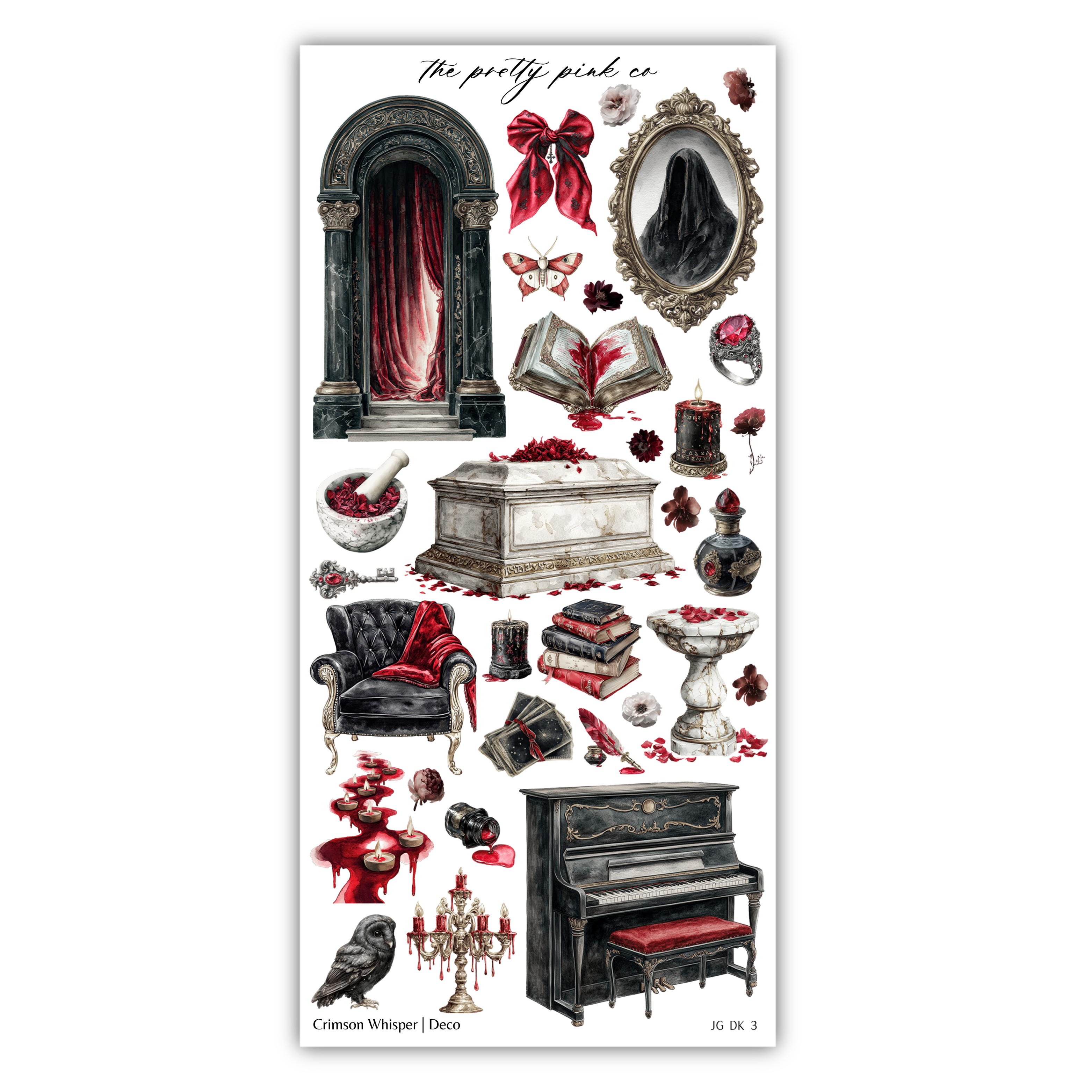 The image is a collage of various objects and scenes, including a black door, a mirror, a book, a candle, a vase, a statue, a piano, a bird, and a skull.