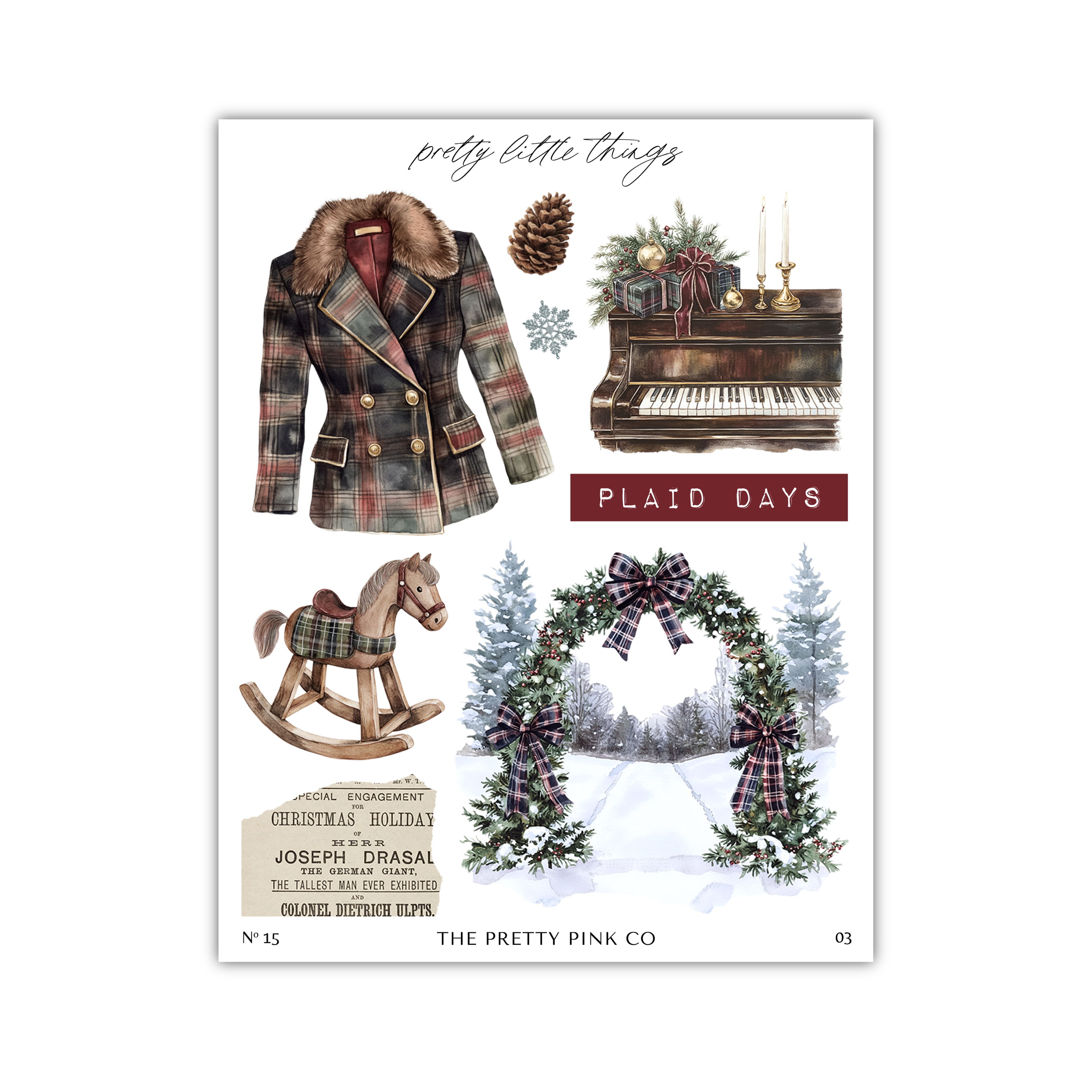 The image is a collage of various Christmas-themed items, including a plaid coat, a piano, a rocking horse, a Christmas tree, and a path leading to a snowy landscape.