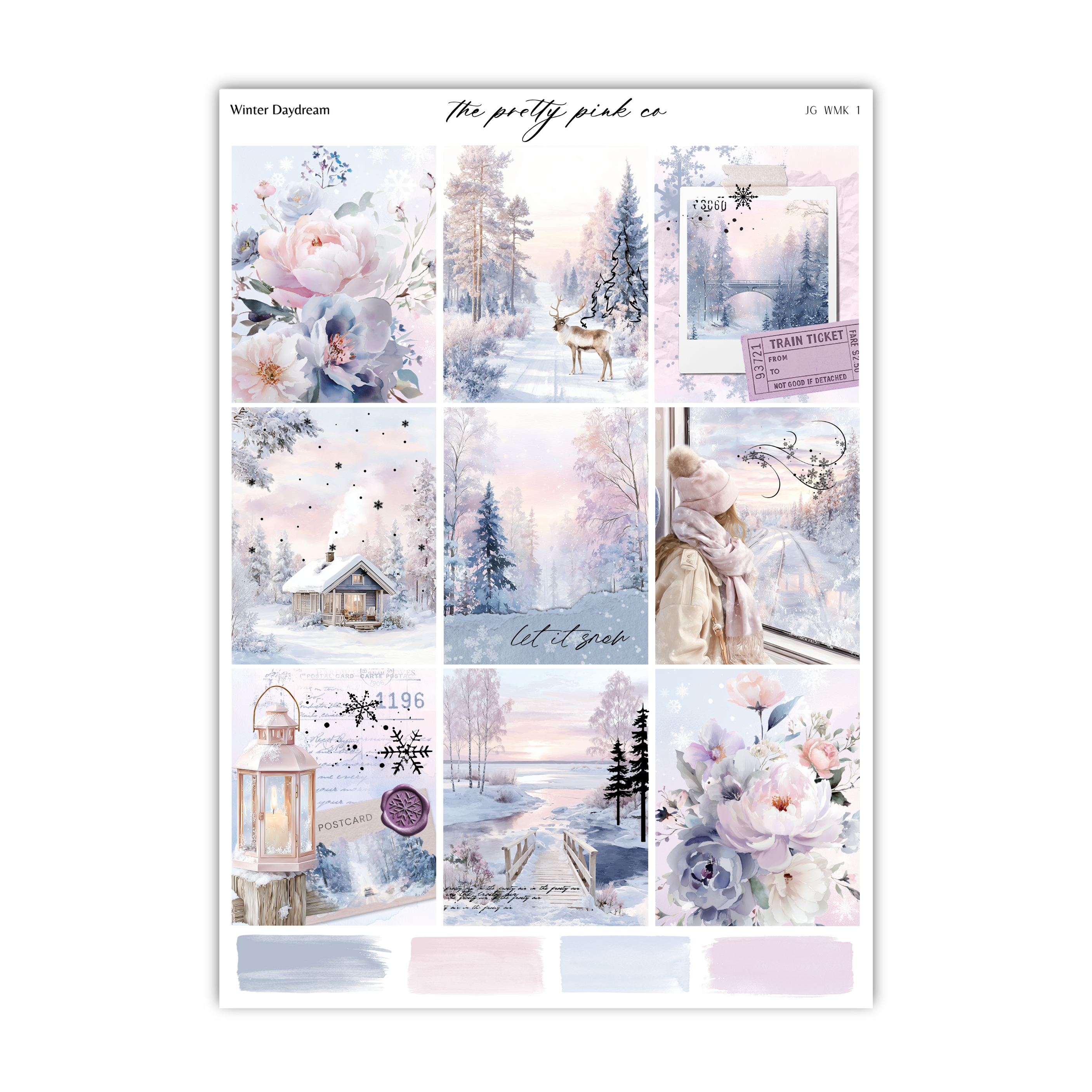 The image is a collage of nine pictures depicting various winter scenes, including snow-covered landscapes, flowers, and people enjoying the outdoors.