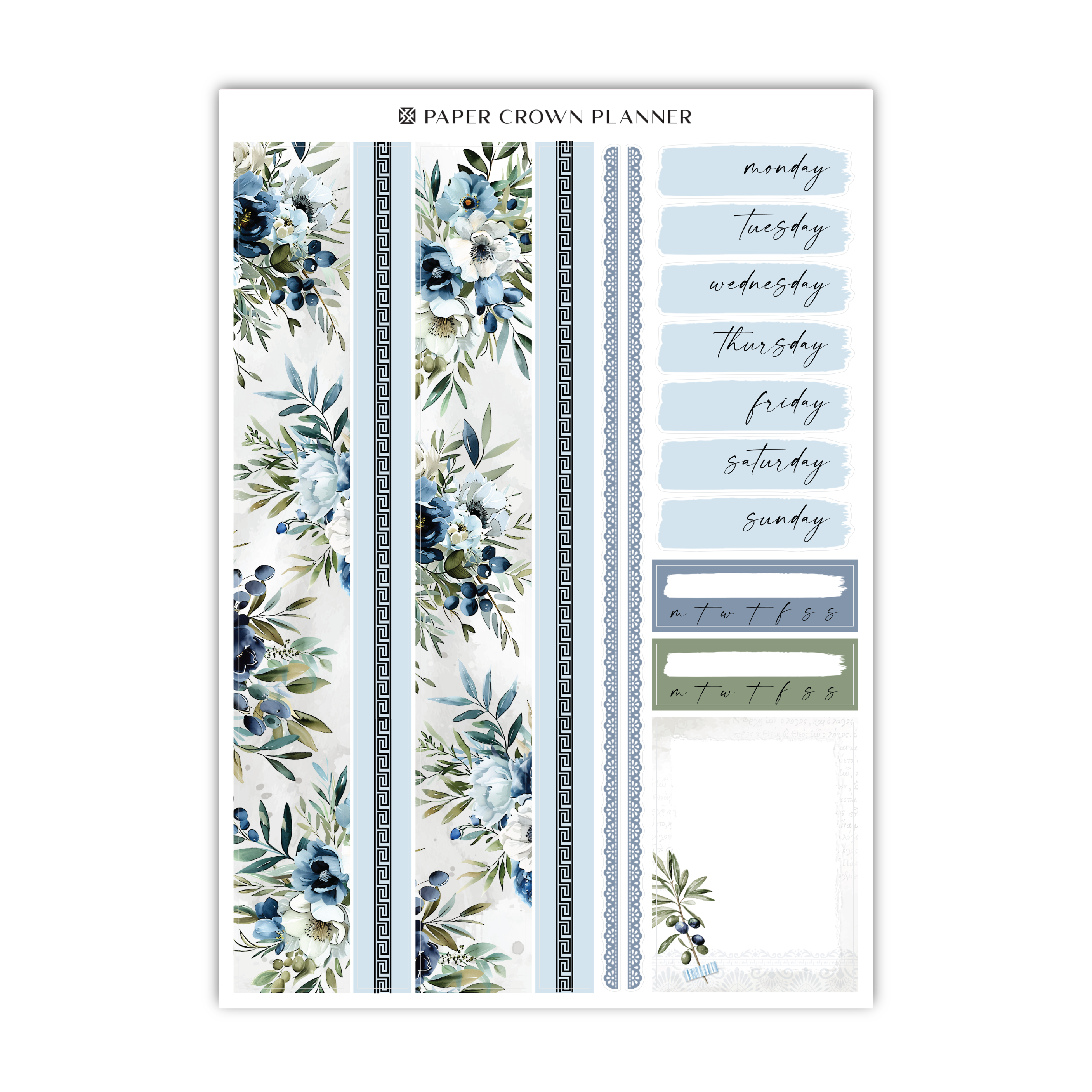 a planner sticker with blue flowers on it