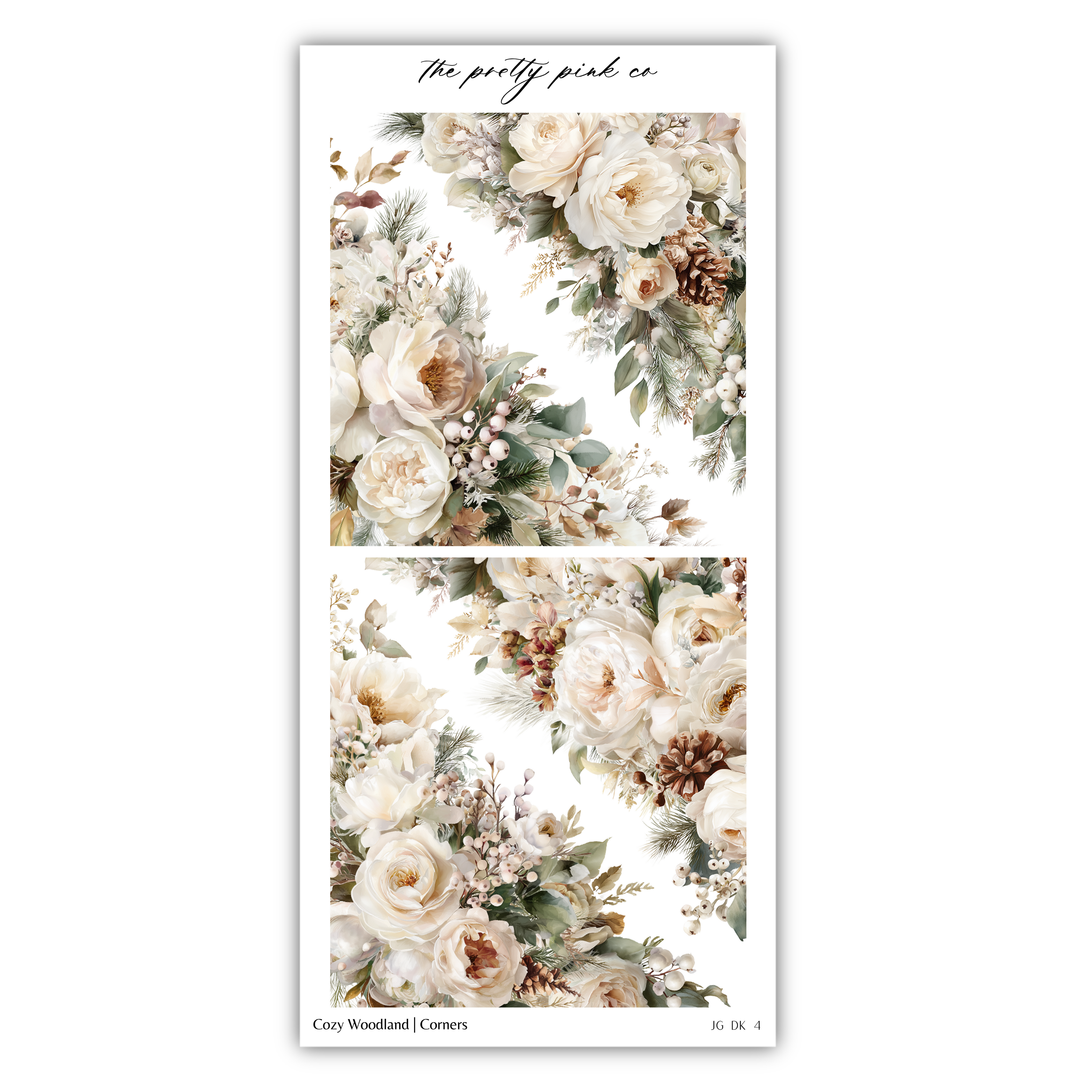The image is a collage of two floral images featuring various types of flowers, including roses and pine cones, against a white background.