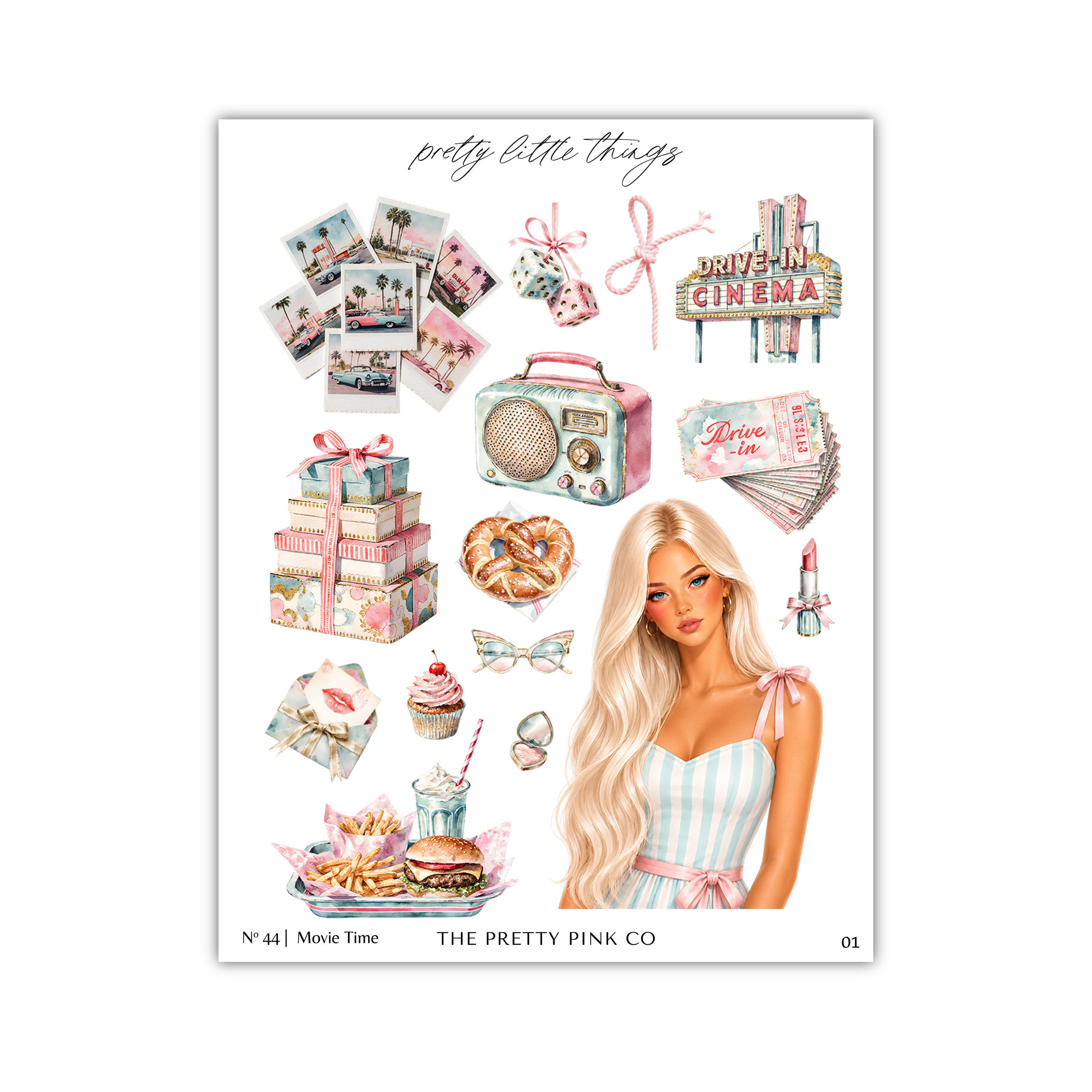 The image is a collage of various objects and a woman, including a pink and white striped dress, a radio, a cake, a cupcake, a donut, a stack of presents, and a sign for a drive-in cinema.