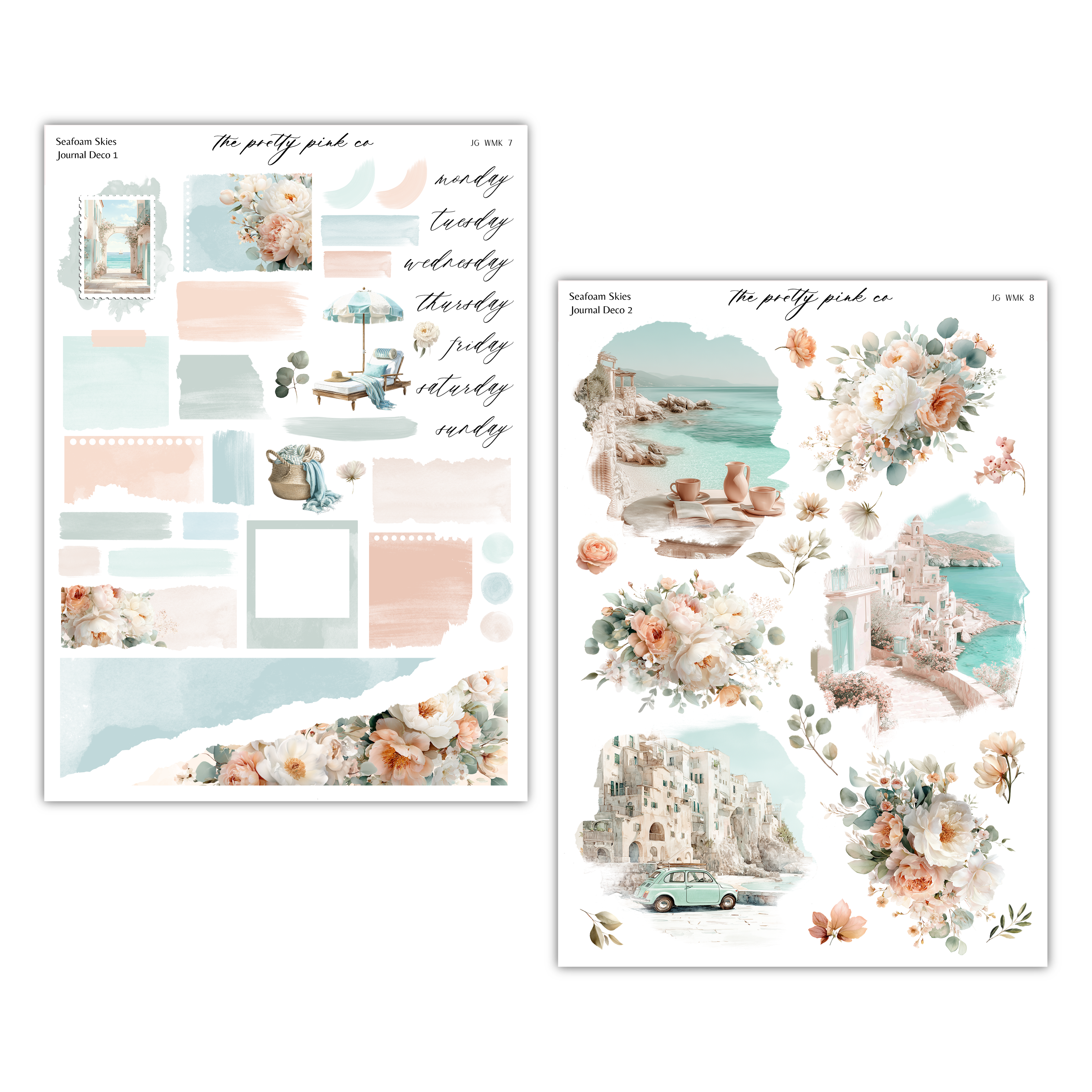 a collection of various floral and architectural elements, including flowers, buildings, and other decorative objects. The overall color palette is predominantly pastel, with shades of pink, blue, and green. The image appears to be a collage or a series of individual images, rather than a single, continuous scene.