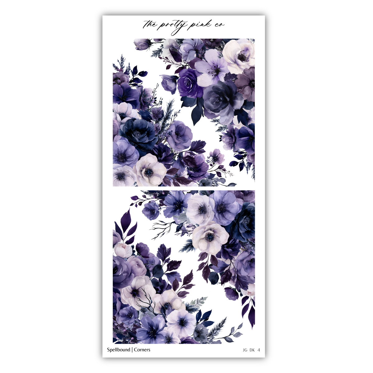 The image is a collage of two square images featuring a variety of purple and white flowers, including roses, lilies, and other blooms. The flowers are arranged in a visually appealing manner, creating a sense of harmony and balance. The collage is titled "The pretty pink co" and includes the text "Spoolbound | Corners" at the bottom, indicating the source or creator of the artwork.