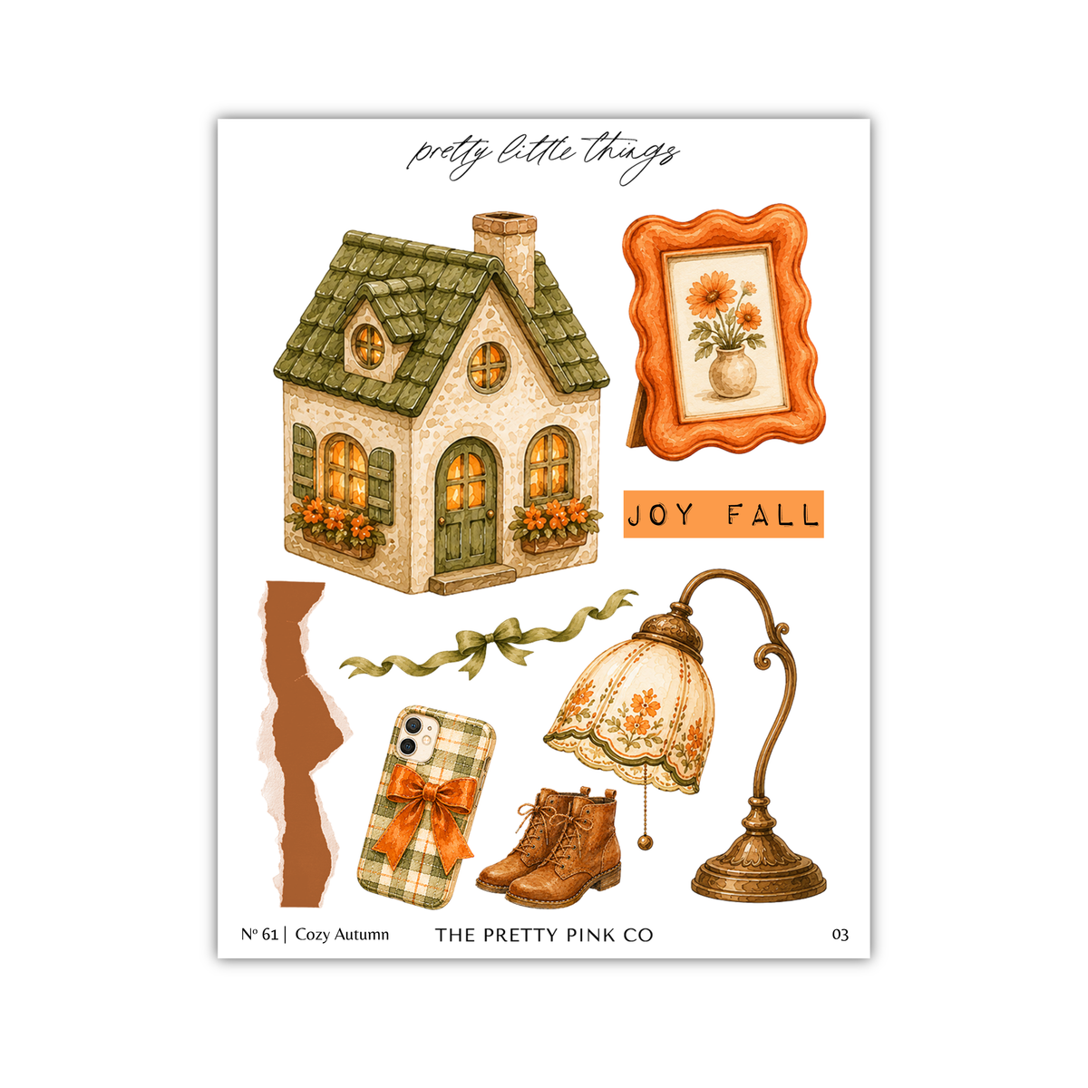 The image is a collage of various fall-themed items, including a house, a lamp, a vase with flowers, and other seasonal decorations.