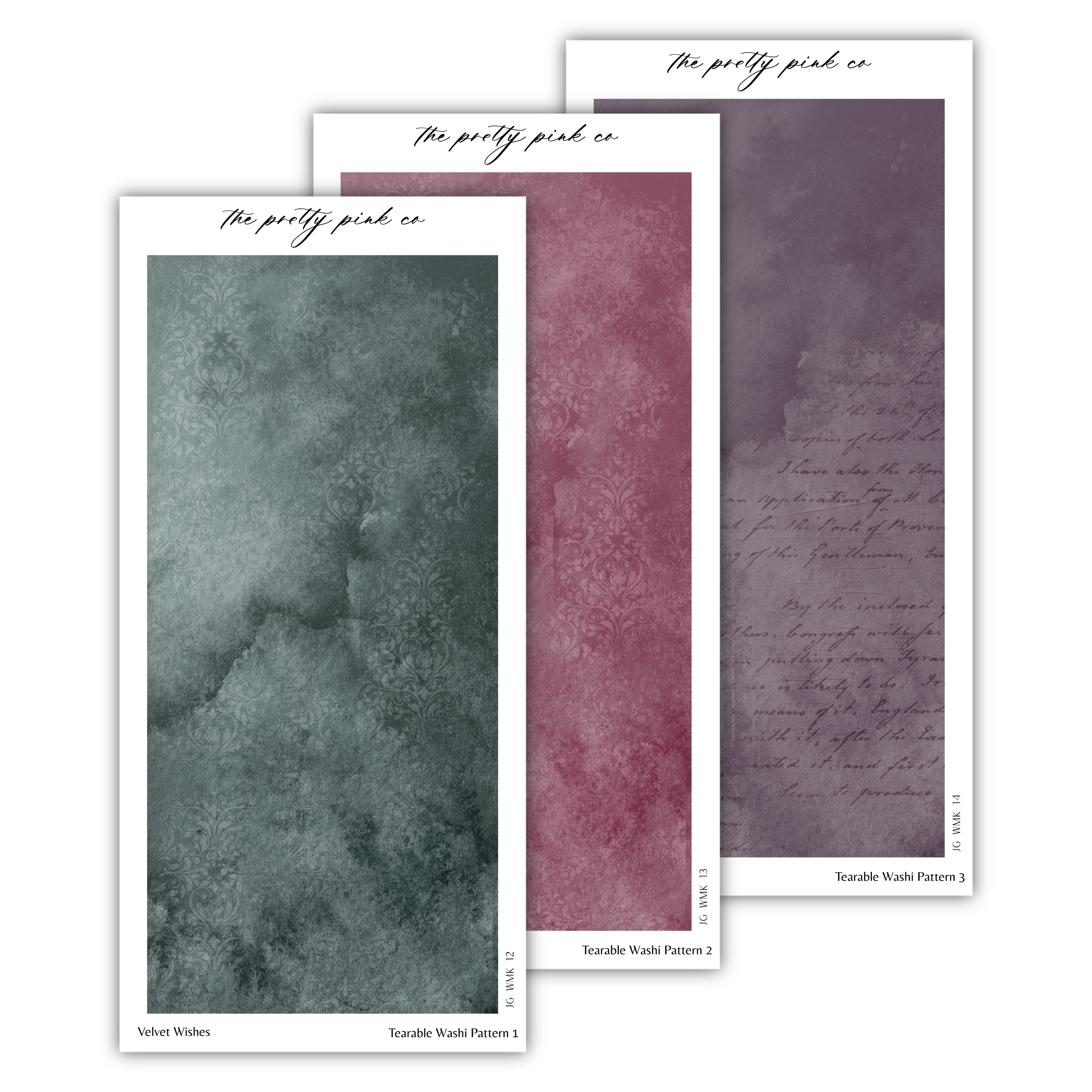 three different color swatches or patterns, each with a unique color and design. The swatches are arranged in a row, and there is text at the top of each swatch that reads "The pretty pink co" and "Terrable Washi Pattern 1".