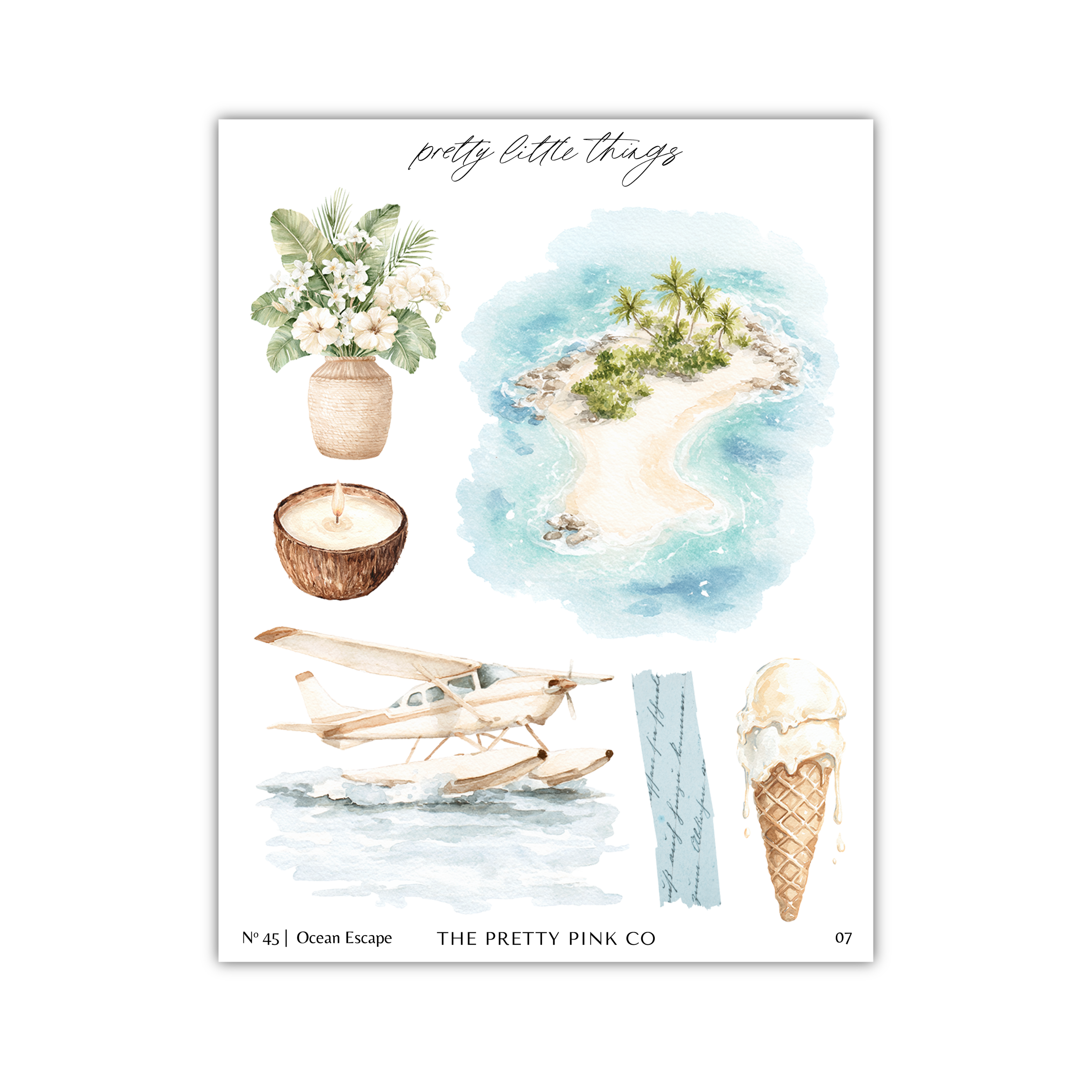 The image is a collage of various objects and scenes related to ocean life, including a potted plant, a tropical island, a coconut, a boat, a plane, and an ice cream cone.