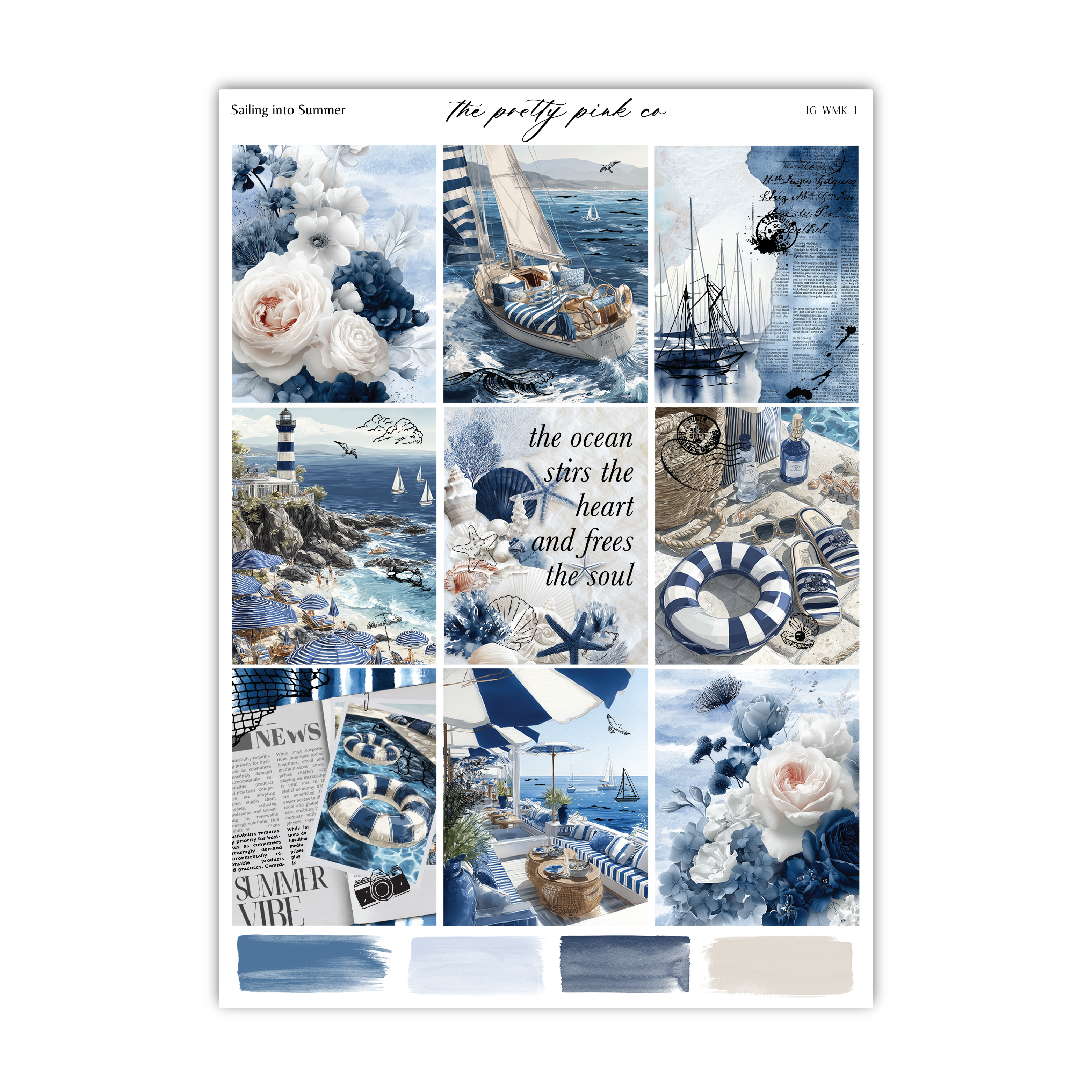The image is a collage of various nautical and summer-themed images, including boats, flowers, and beach scenes. The collage is titled "Sailing into Summer" and features a quote about the ocean and the soul.