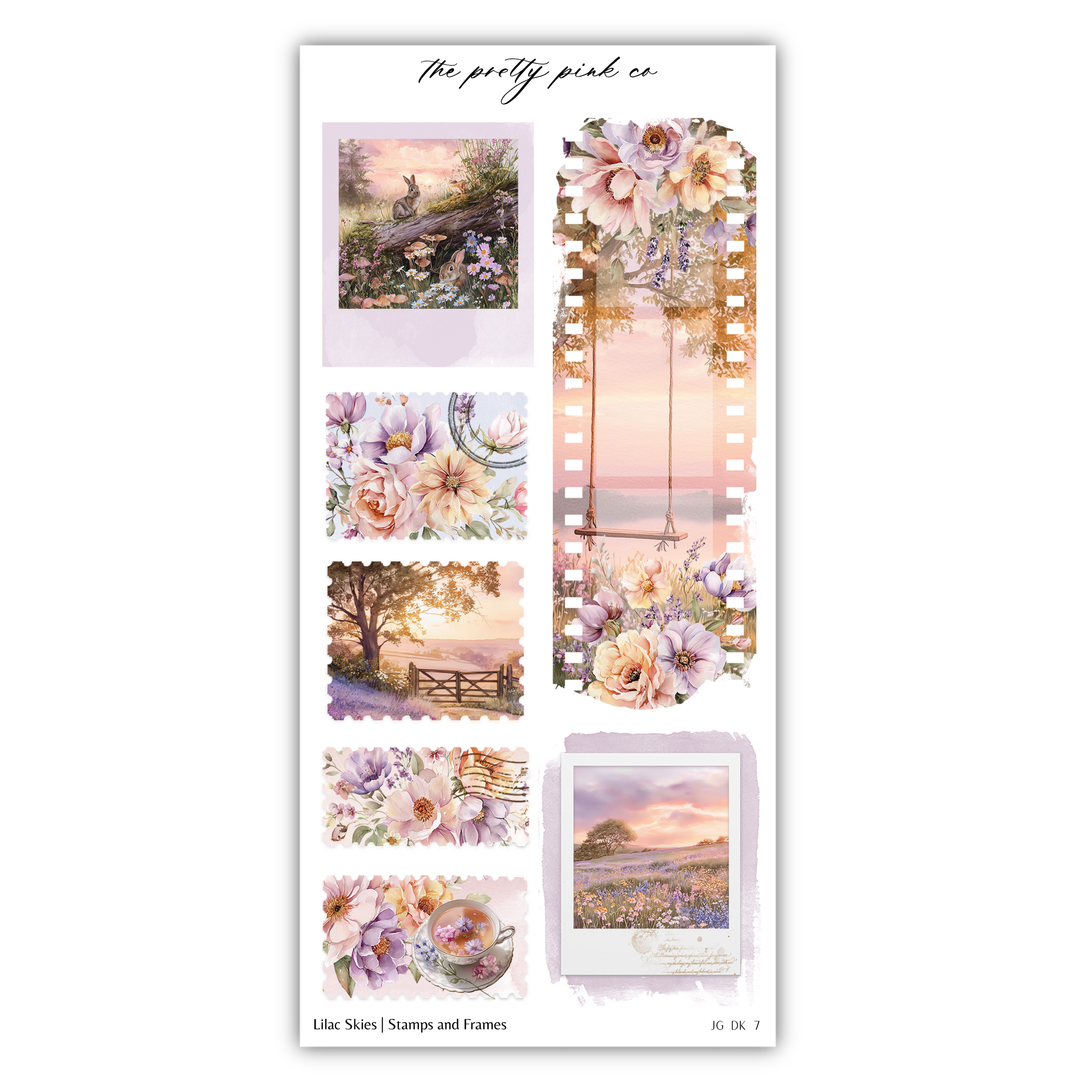 a collage of various floral and nature-themed images, including a sunset, flowers, trees, and a swing set. The collage is organized into different frames and borders, creating a visually appealing and harmonious composition.